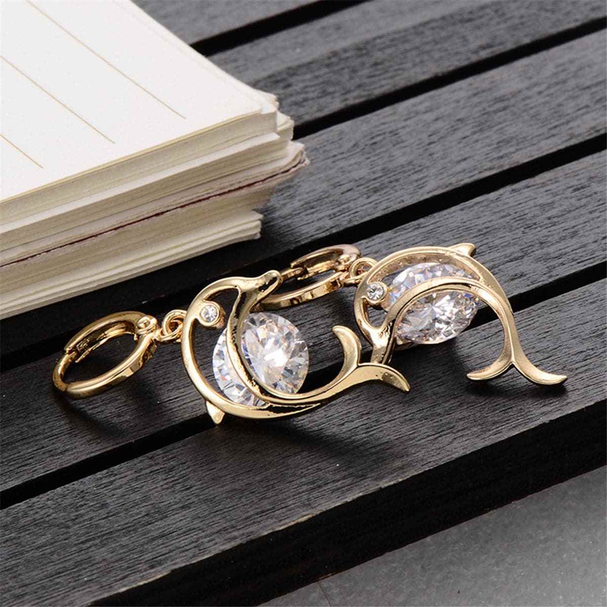 Cubic Zirconia & Goldtone Dolphin Drop Earrings