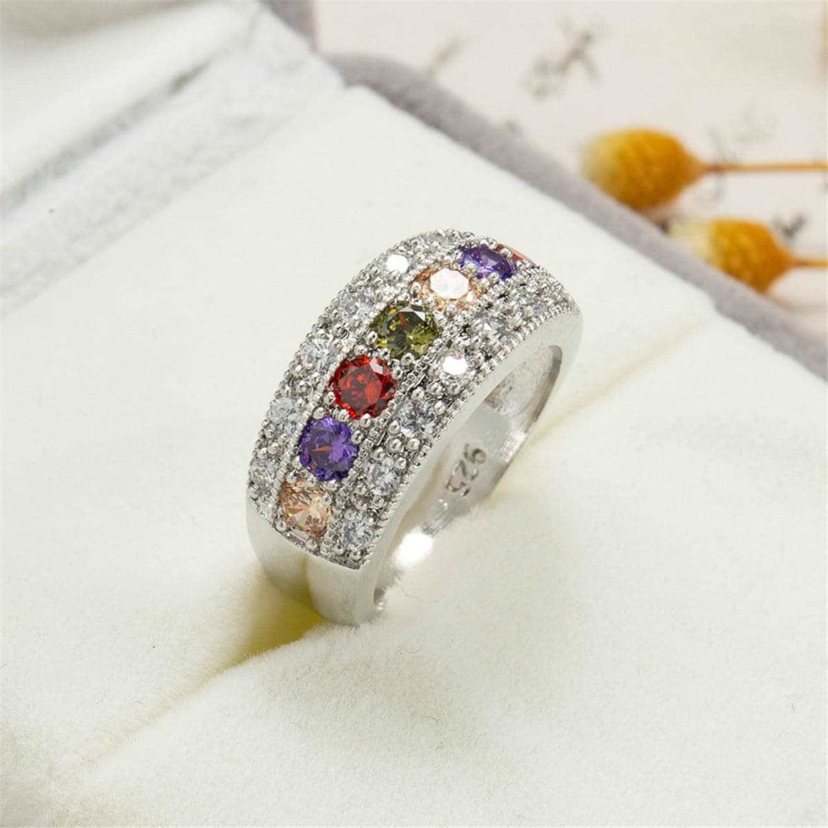 Red Crystal & Silvertone Band Ring