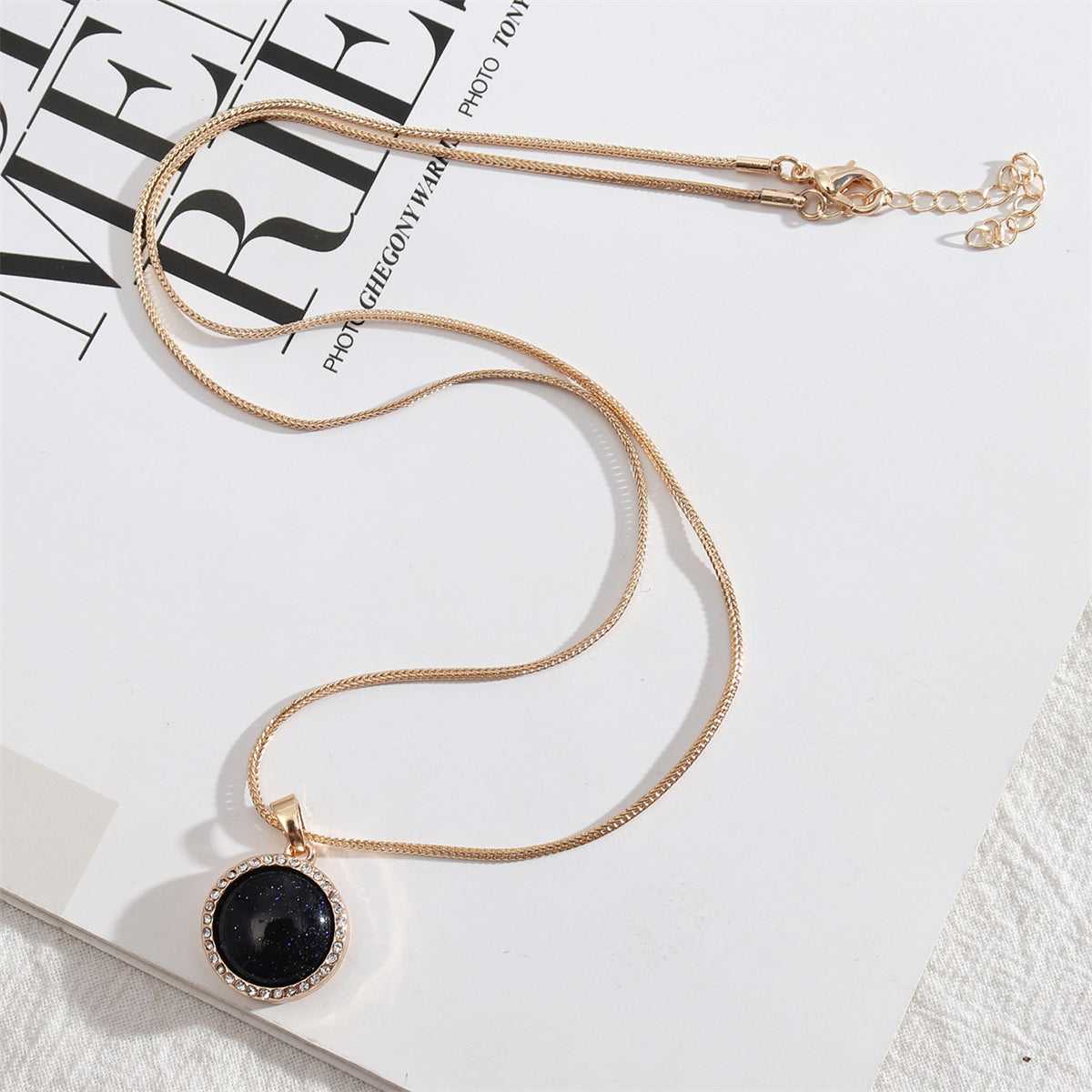Black Quartz & Cubic Zirconia Halo Round Pendant Necklace