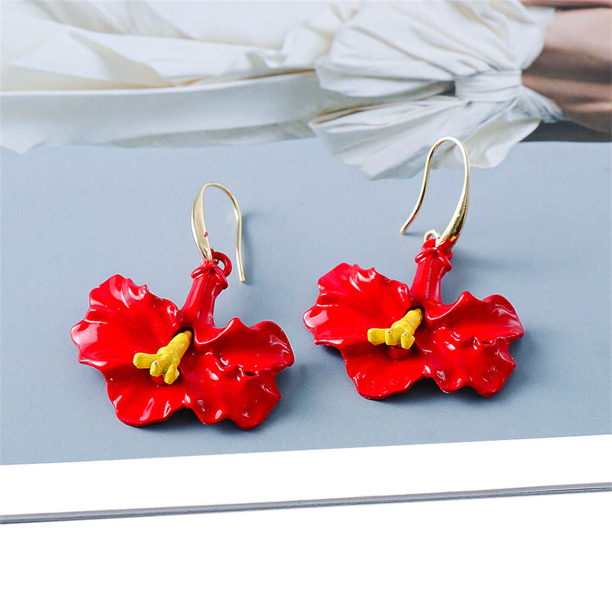 Red Enamel & Goldtone Petunia Drop Earrings