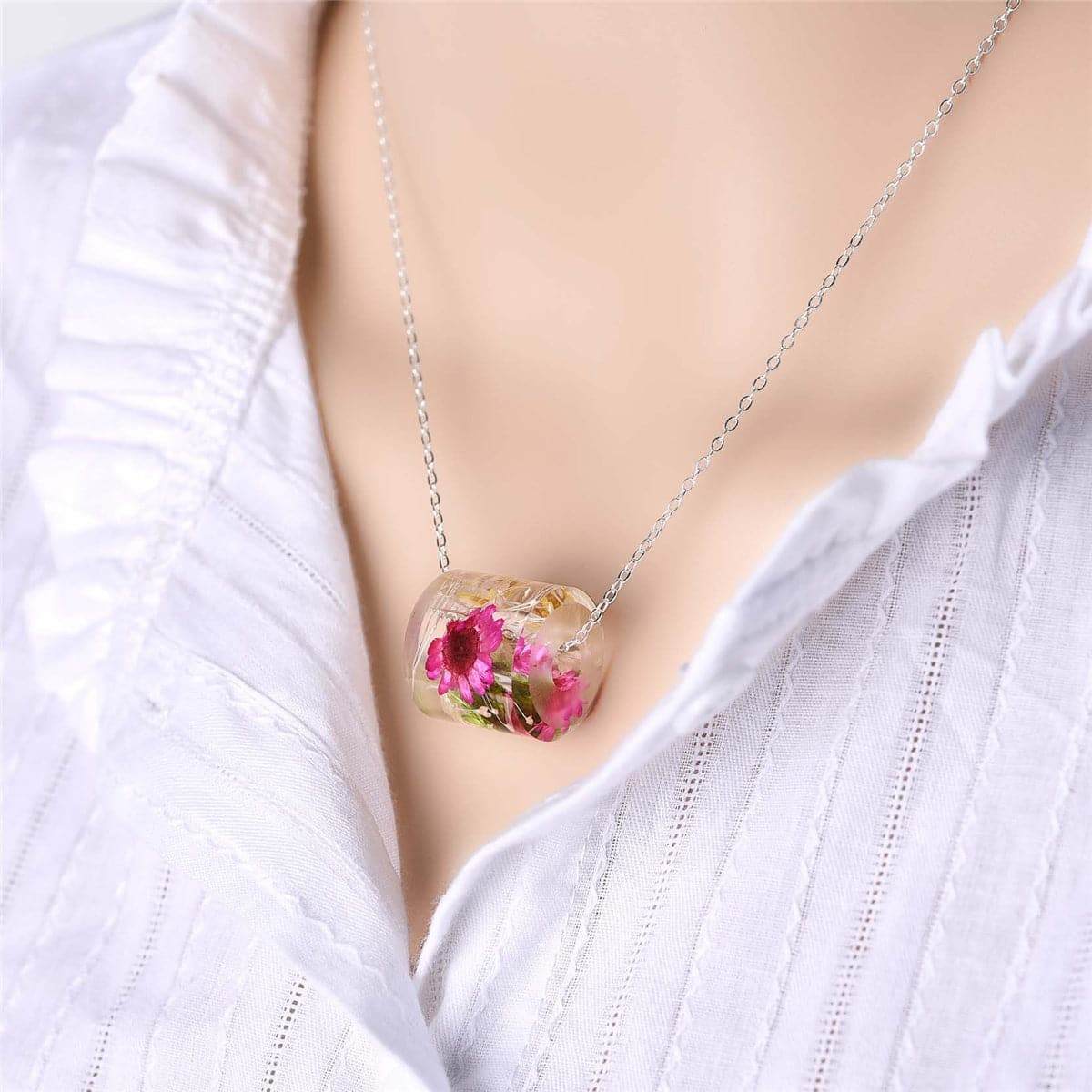 Dark Pink Dried Flower & Silvertone Cylinder Pendant Necklace