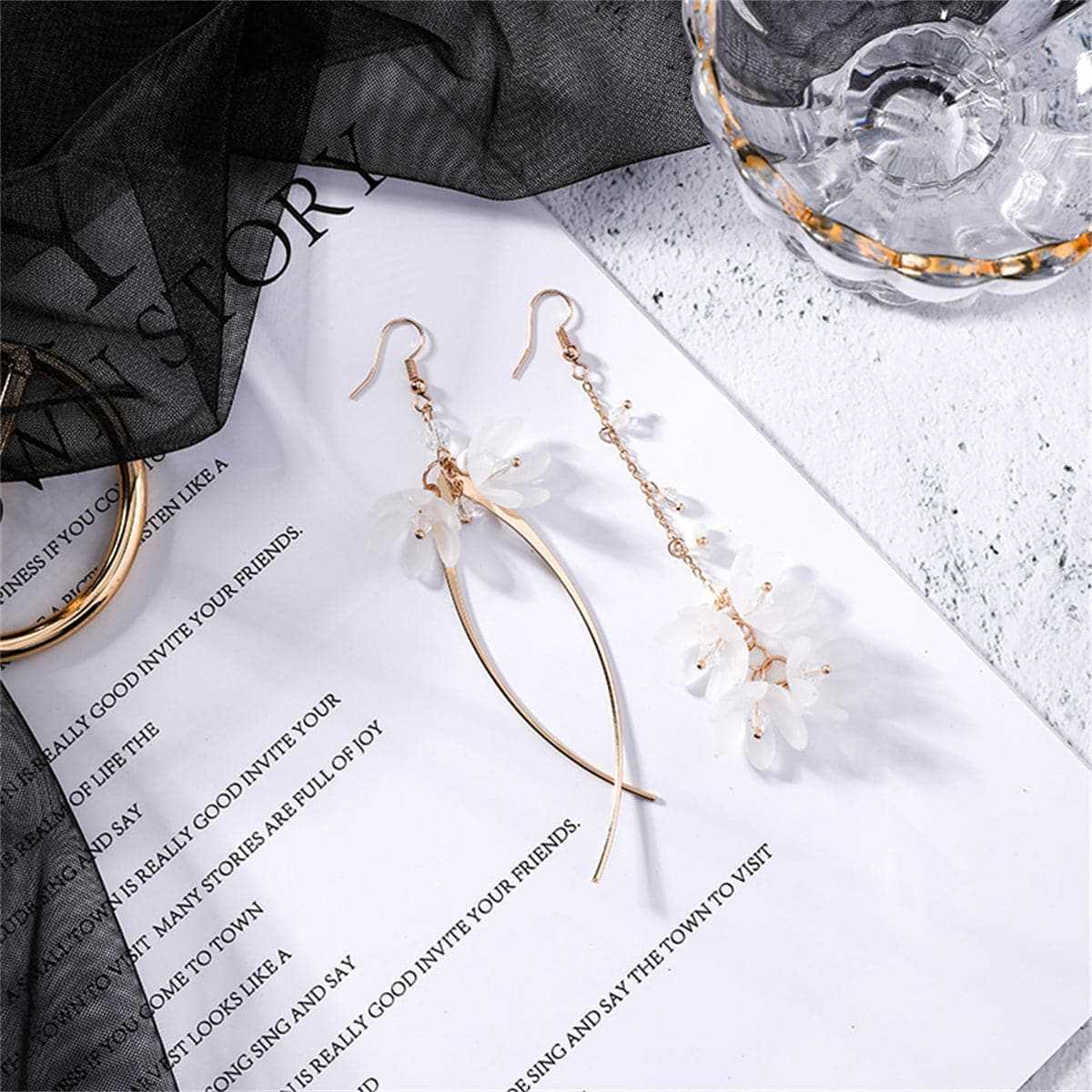 Clear Acrylic & Goldtone Floral Asymmetric Drop Earrings
