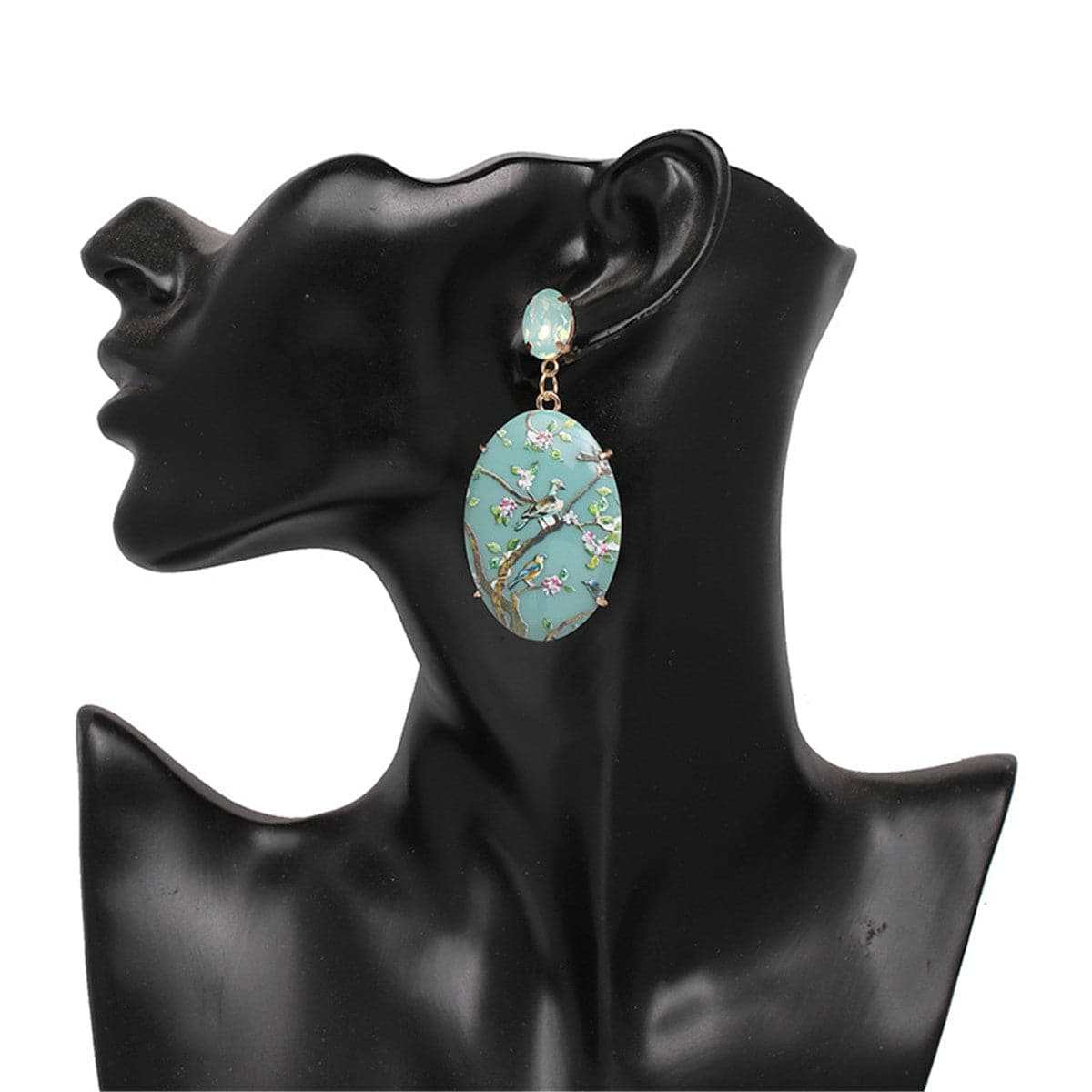 Green Crystal & Goldtone Bird Branch Oval Drop Earrings