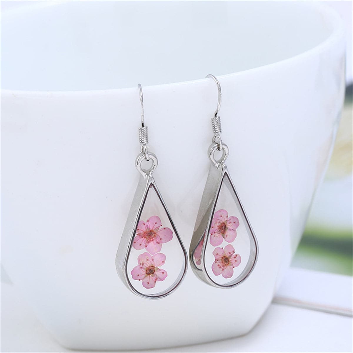 Pink Pressed Flower & Silvertone Teardrop Earrings