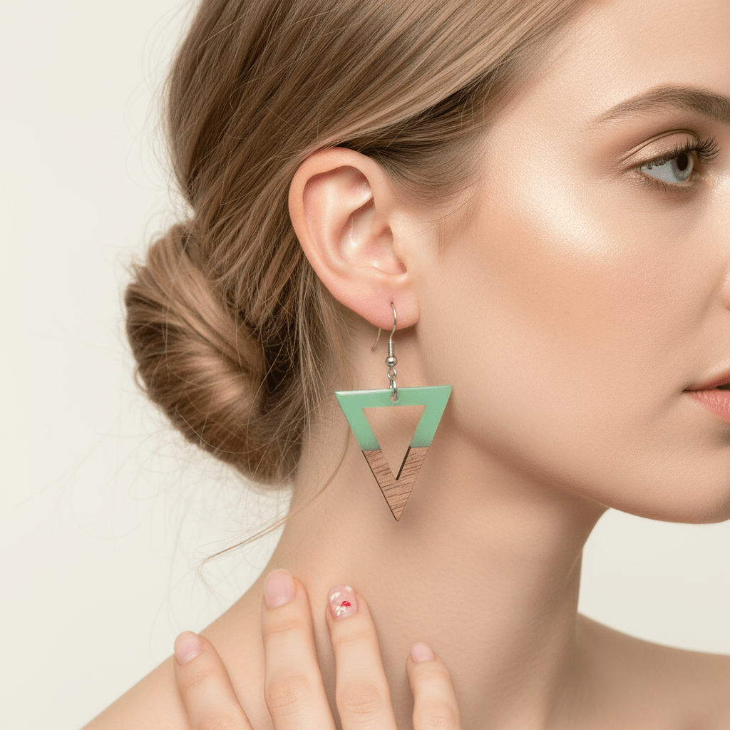 Green Resin & Wood Silvertone Open Triangle Hook Earrings