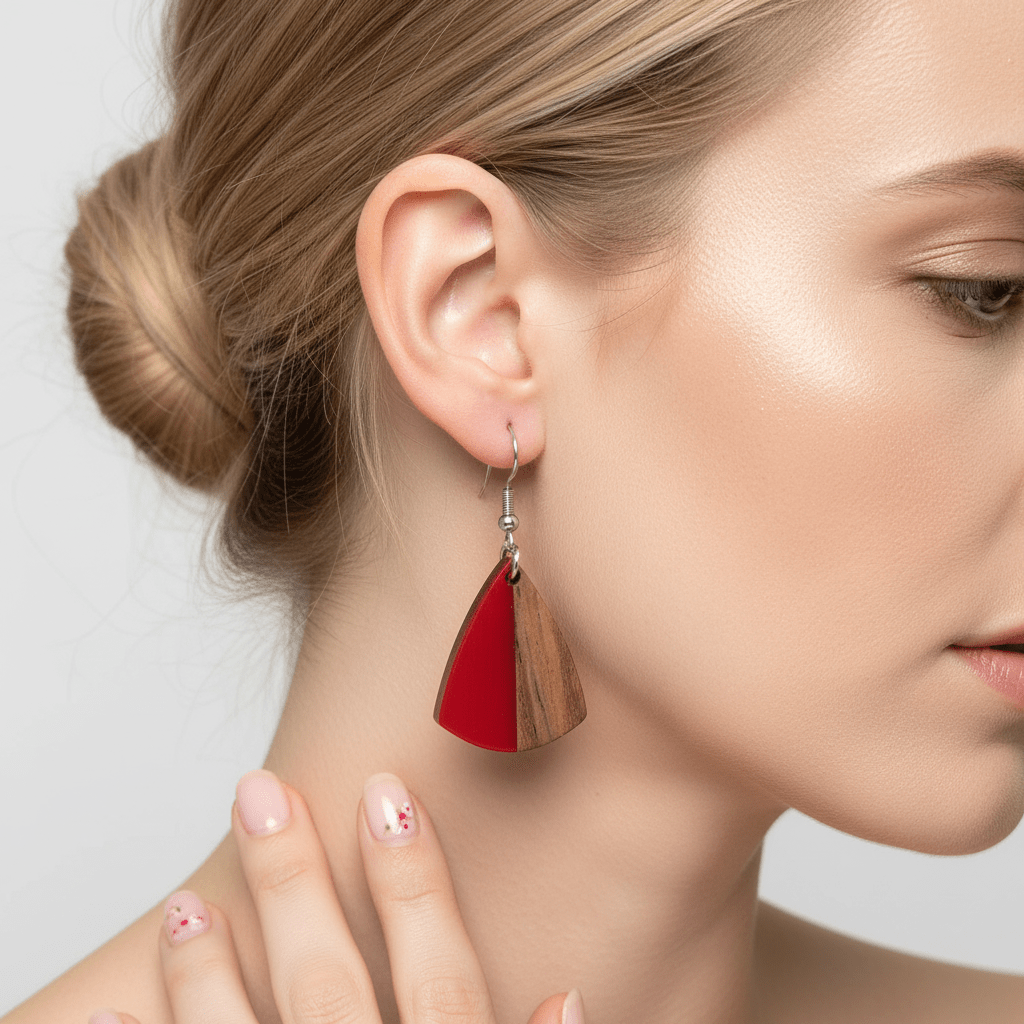 Red Resin & Wood Silvertone Shield Hook Earrings