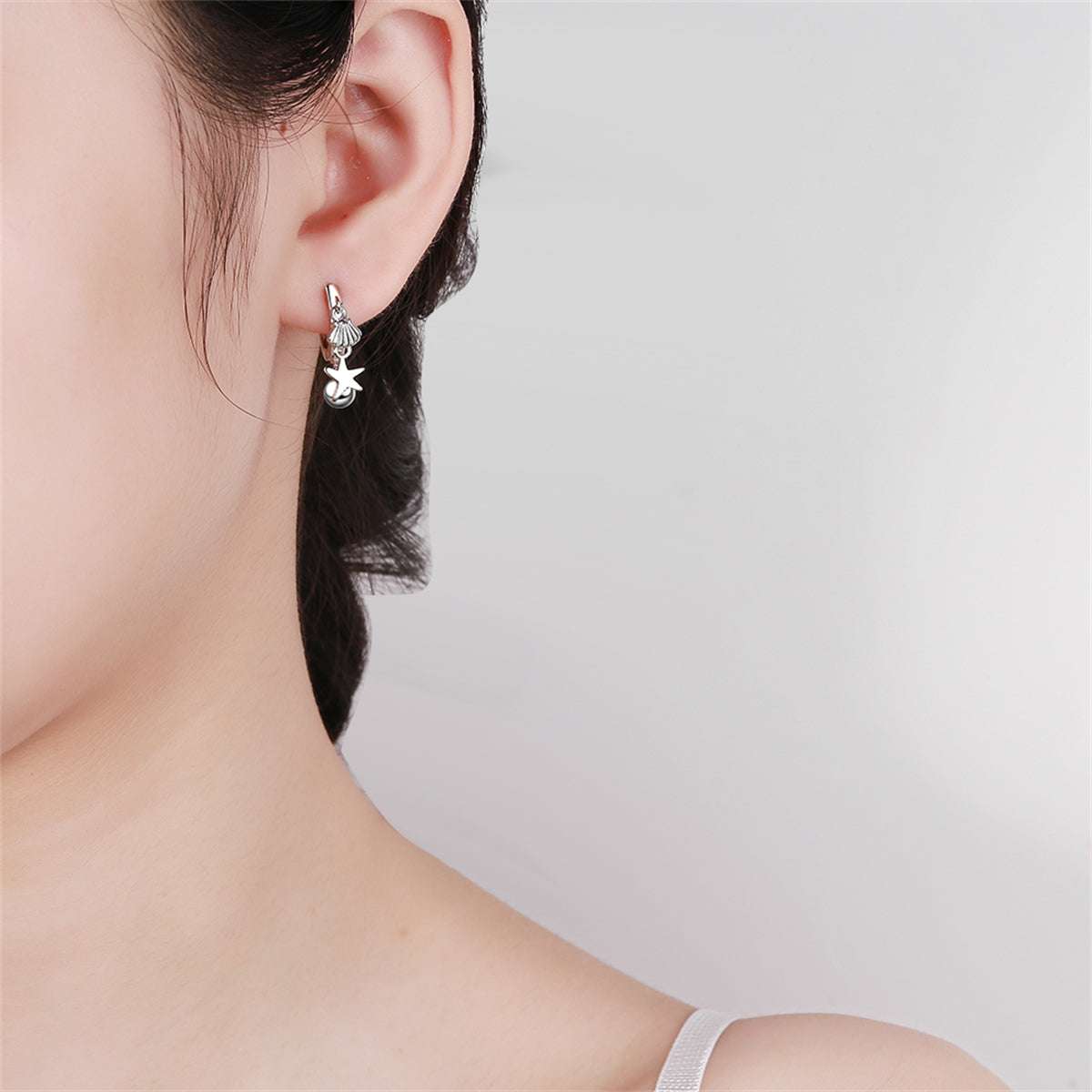Silvertone Starfish Shell Charm Huggie Earring