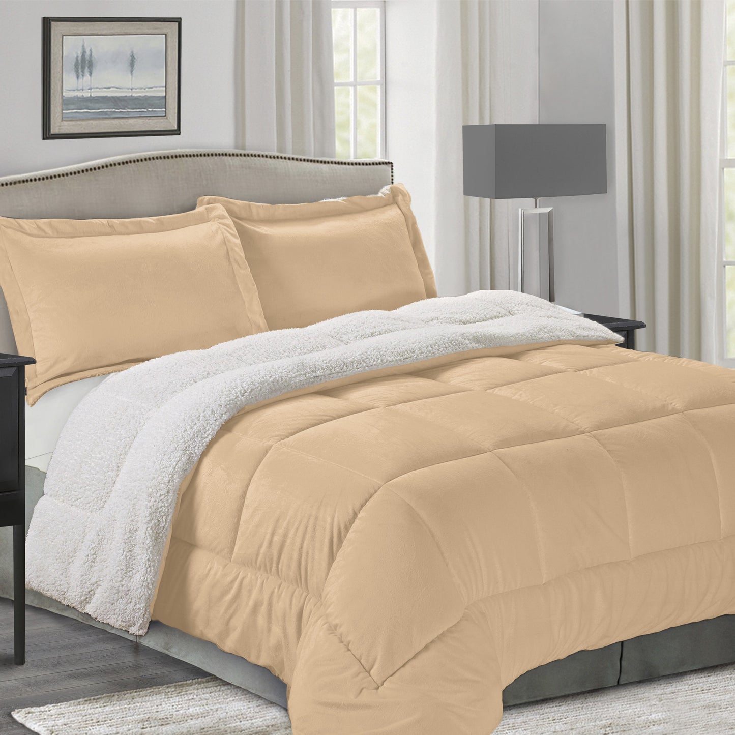 Elegant Comfort 3-Piece Micro-Suede Reversible Sherpa - Solid Color Design Comforter Set