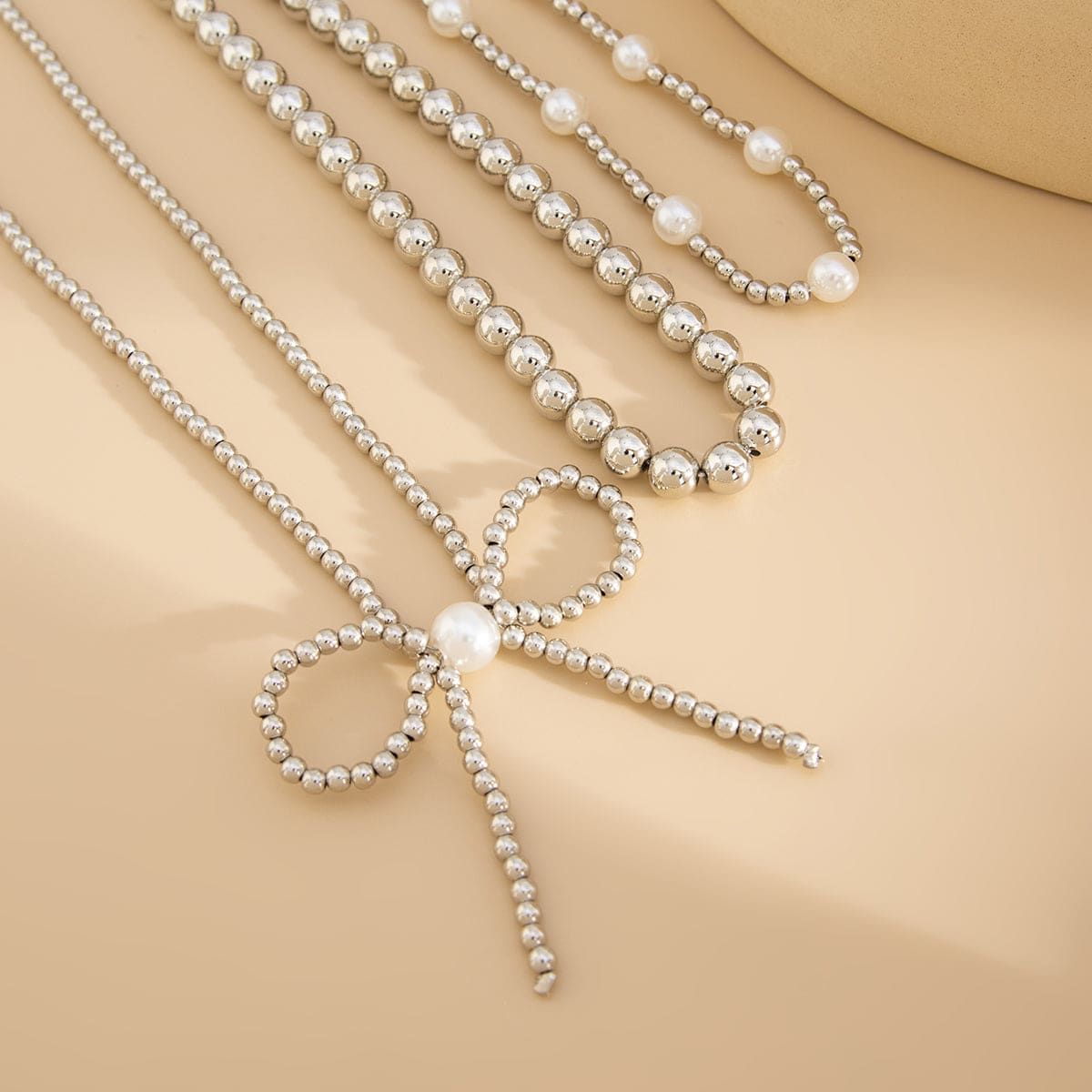 Pearl & Silvertone Beads Chain Bow Pendant Necklace Set