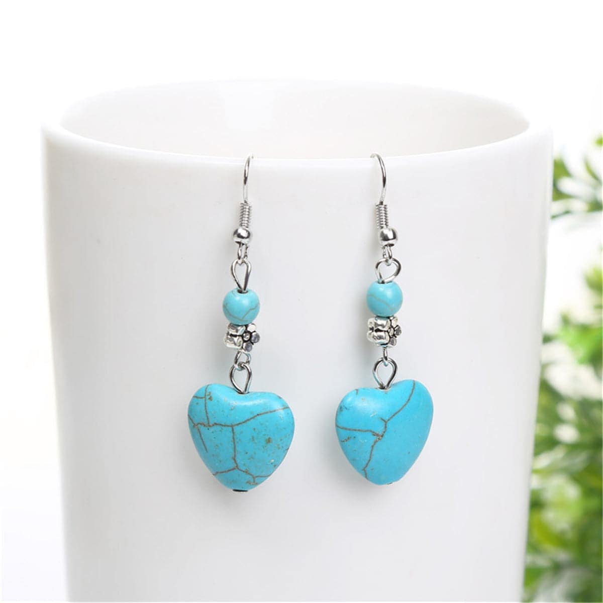 Turquoise & Silvertone Heart Drop Earrings