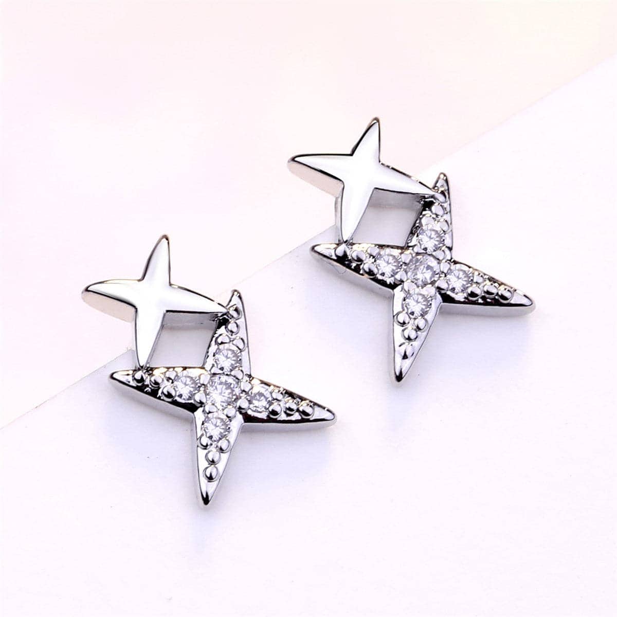 Cubic Zirconia & Silvertone Double Star Stud Earrings