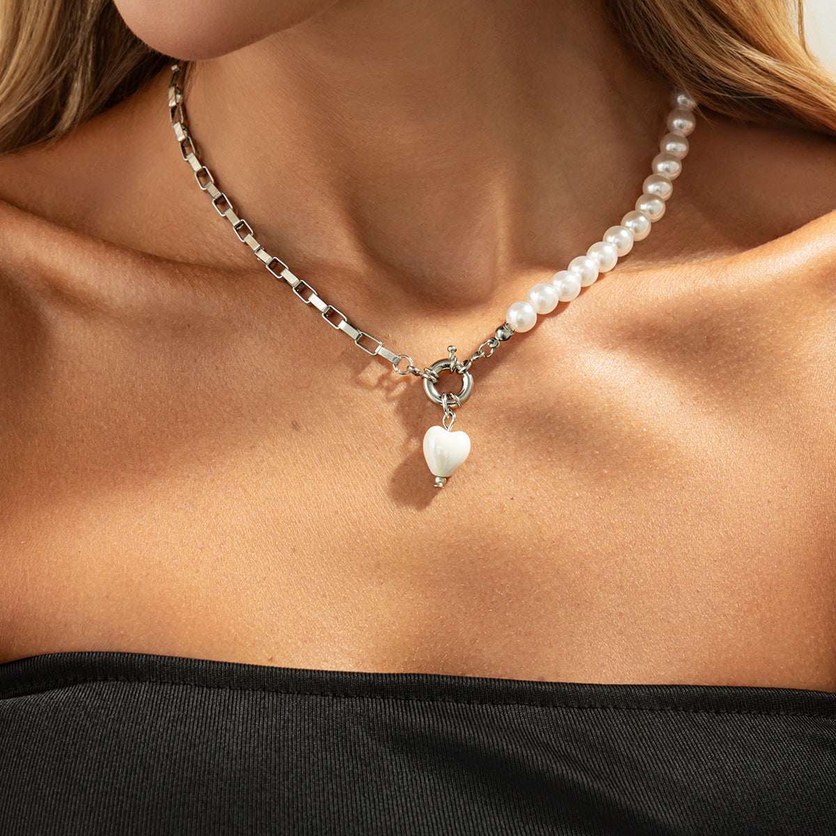Pearl & Resin Silvertone Heart Pendant Patchwork Necklace