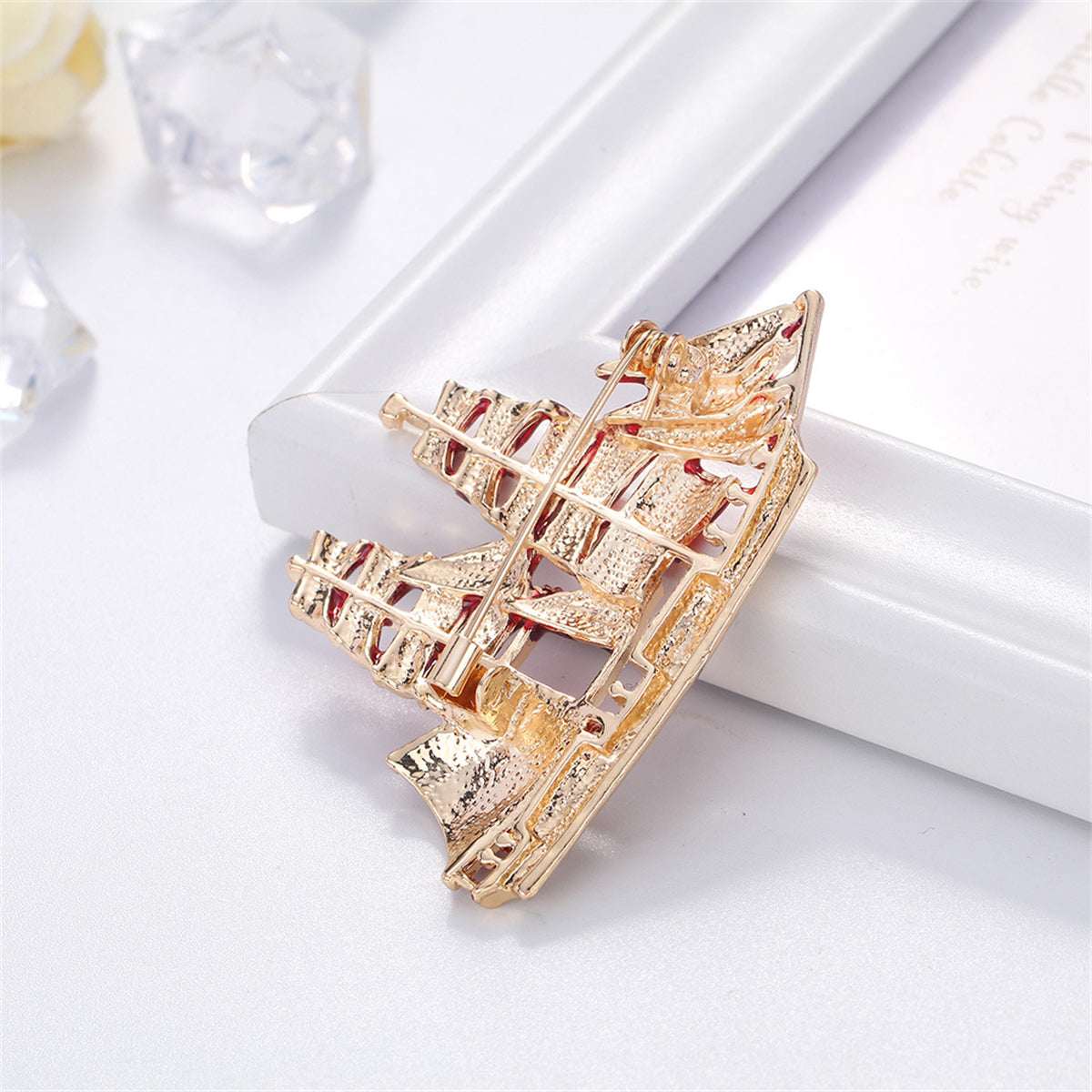 Goldtone & Red Oil-Drop Sailboat Brooch