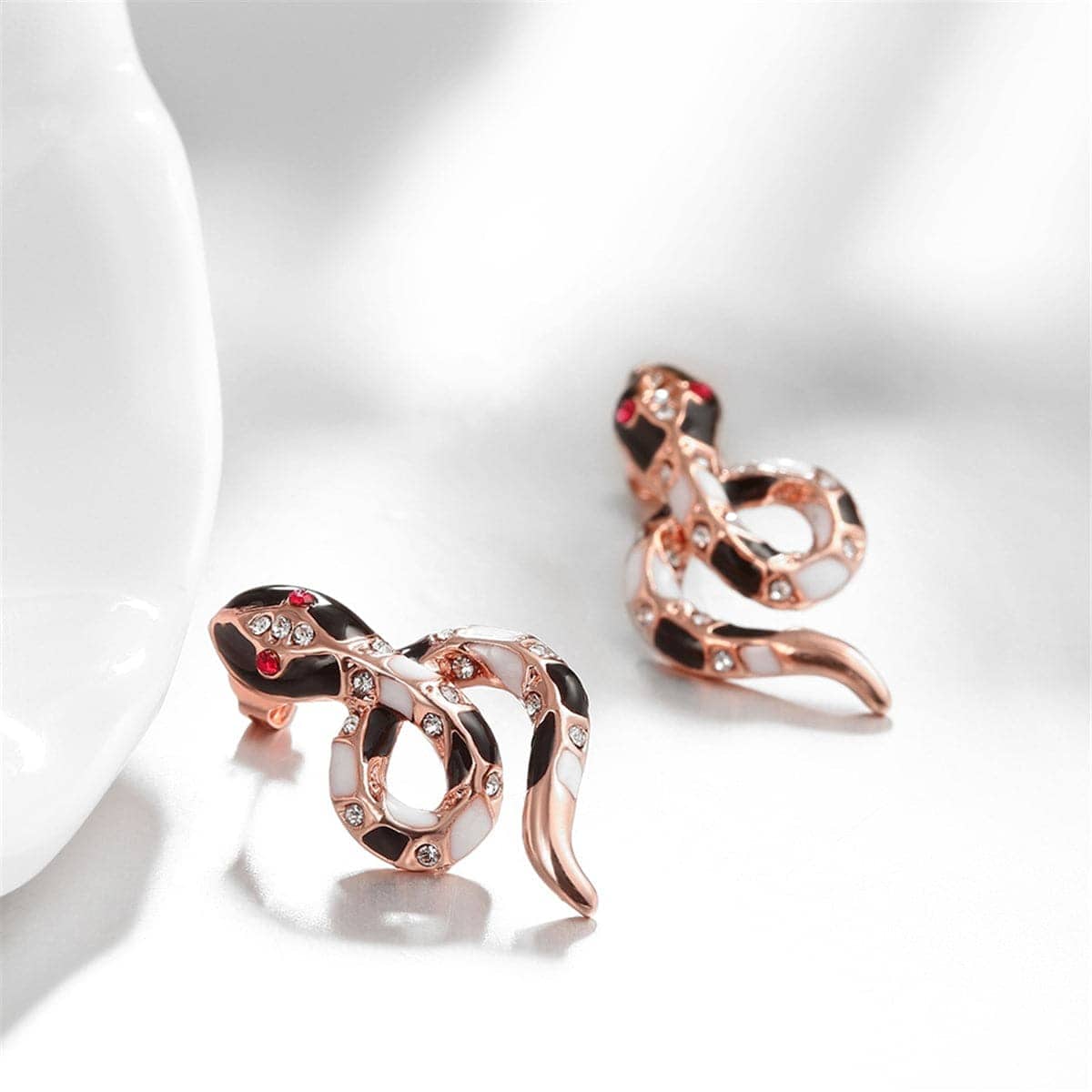 Cubic Zirconia & Enamel Rose Goldtone Snake Stud Earrings