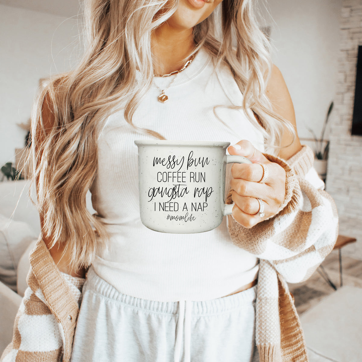 Messy bun coffee run gangsta rap I need a nap - mom life ceramic mugs modern and script font style. Modern Mom Gift Ideas Unique.