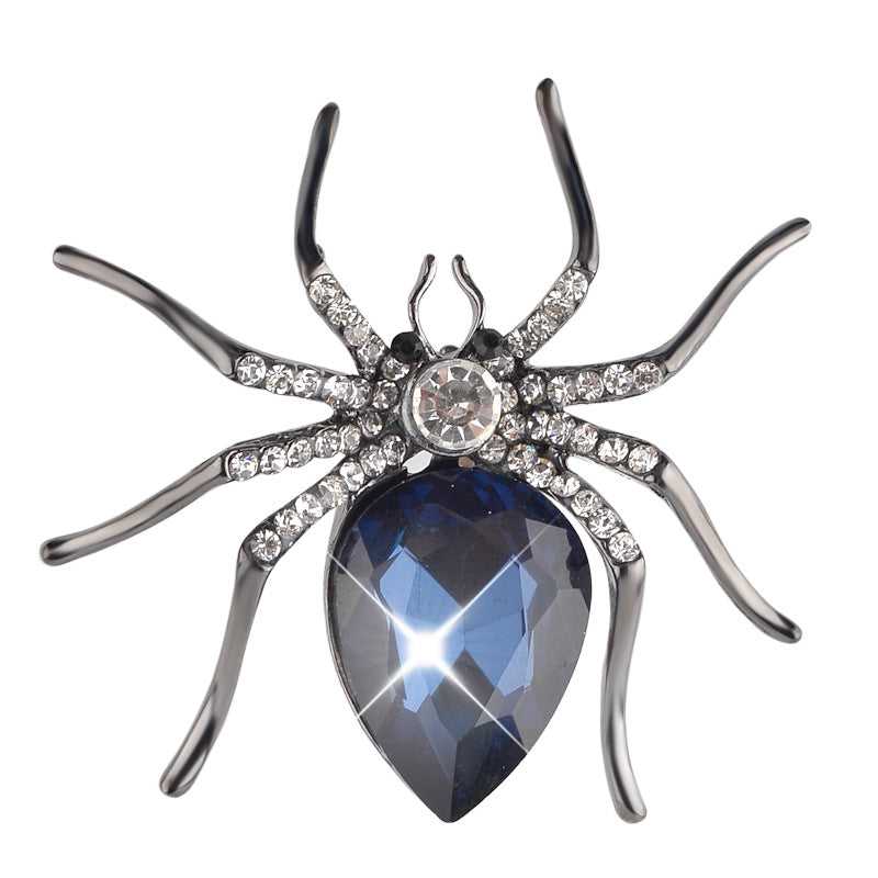 Blue Crystal & Black Spider Brooch