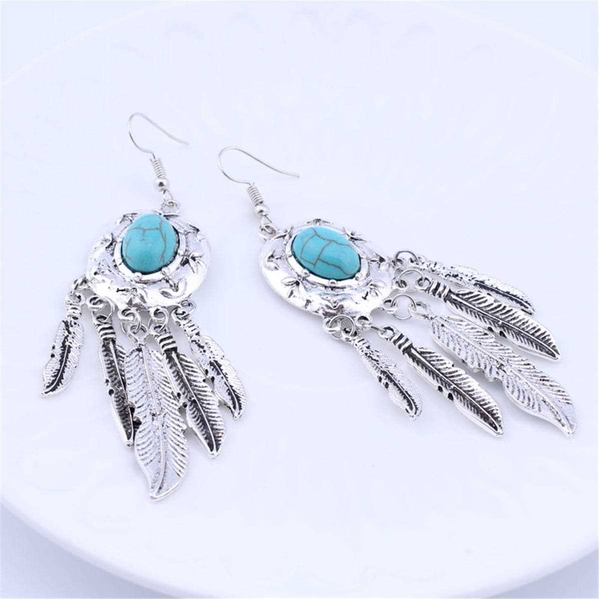Turquoise & Silvertone Feather Drop Earrings