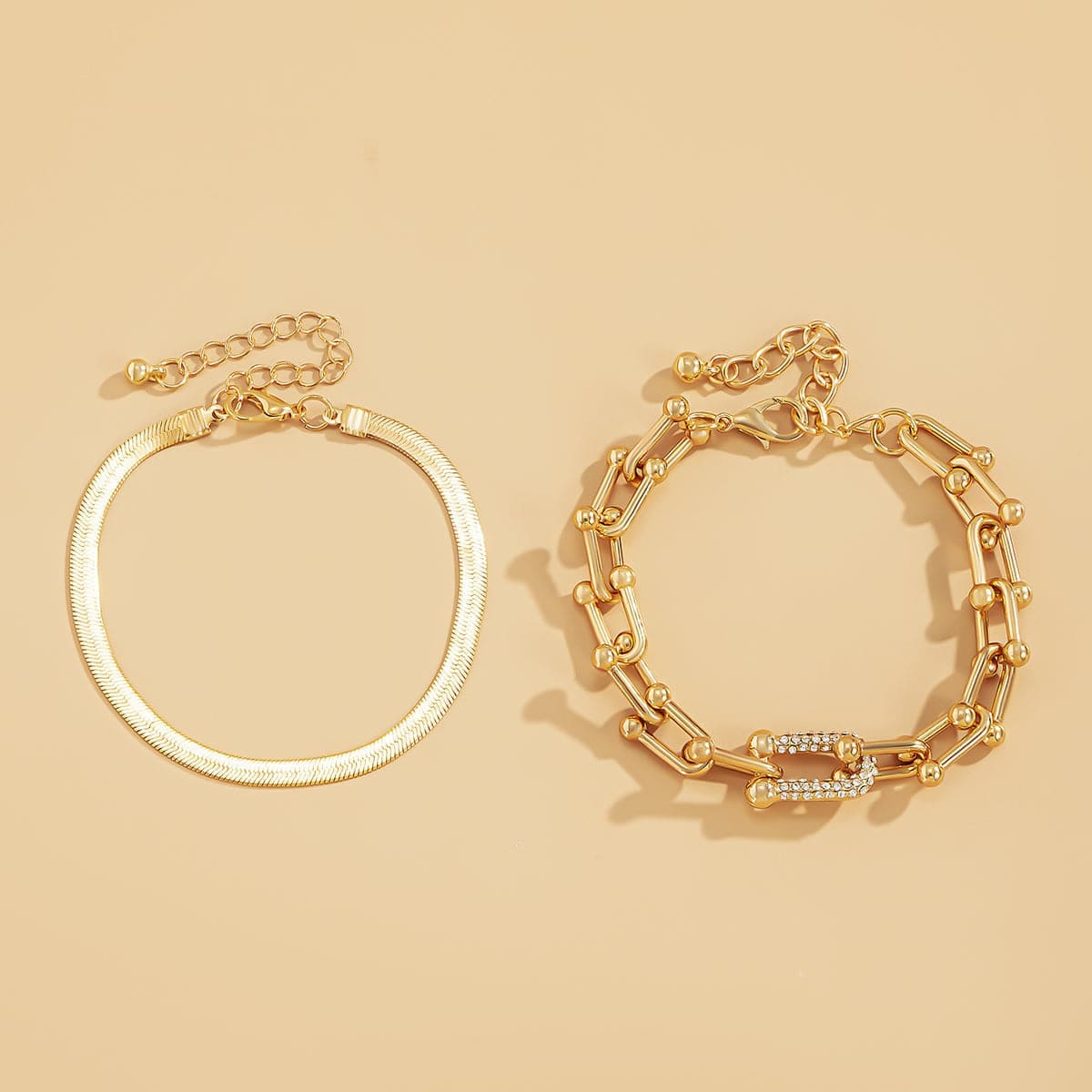 Cubic Zirconia & Goldtone Vachette & Snake Chain Bracelet Set