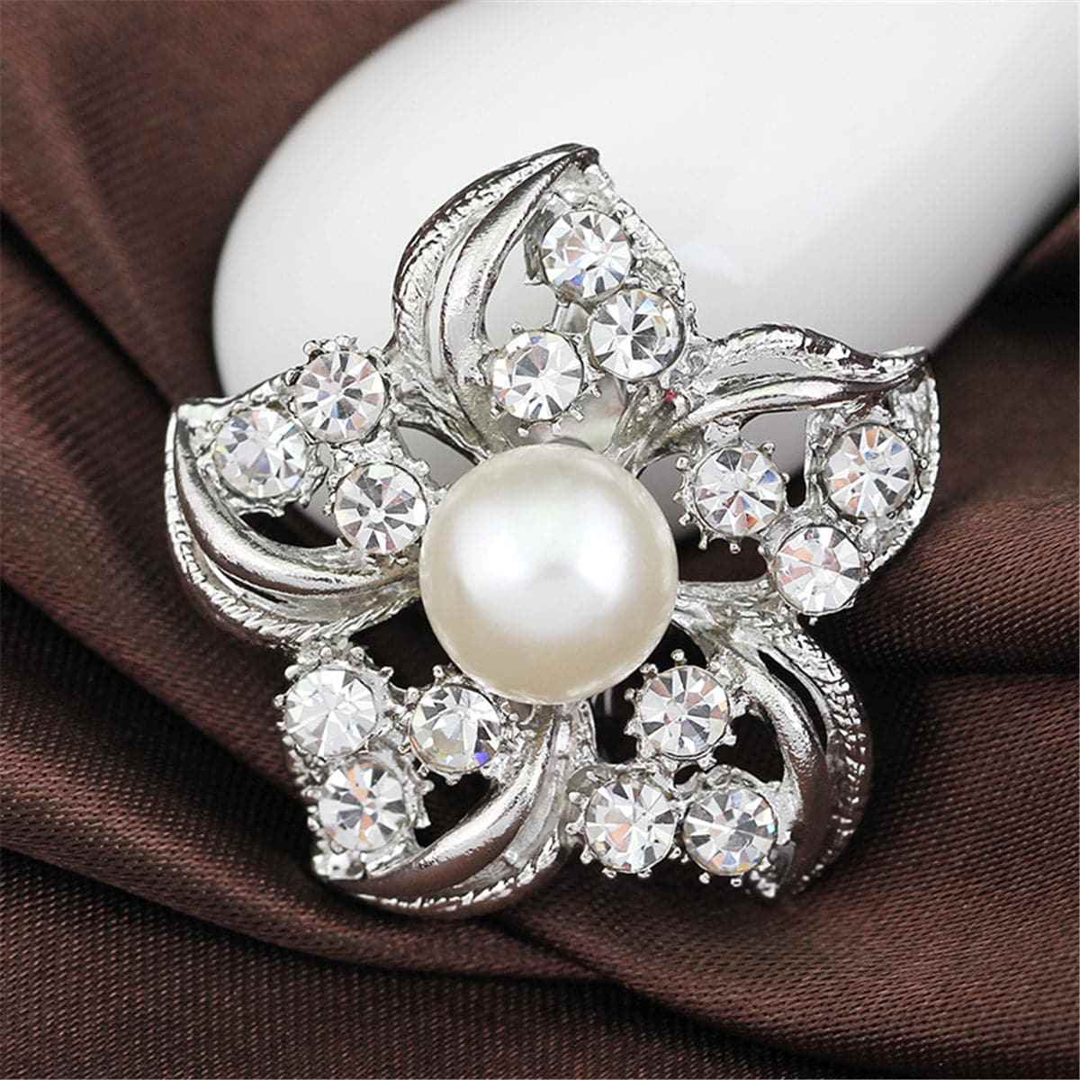 Cubic Zirconia & Pearl Silvertone Blossom Brooch