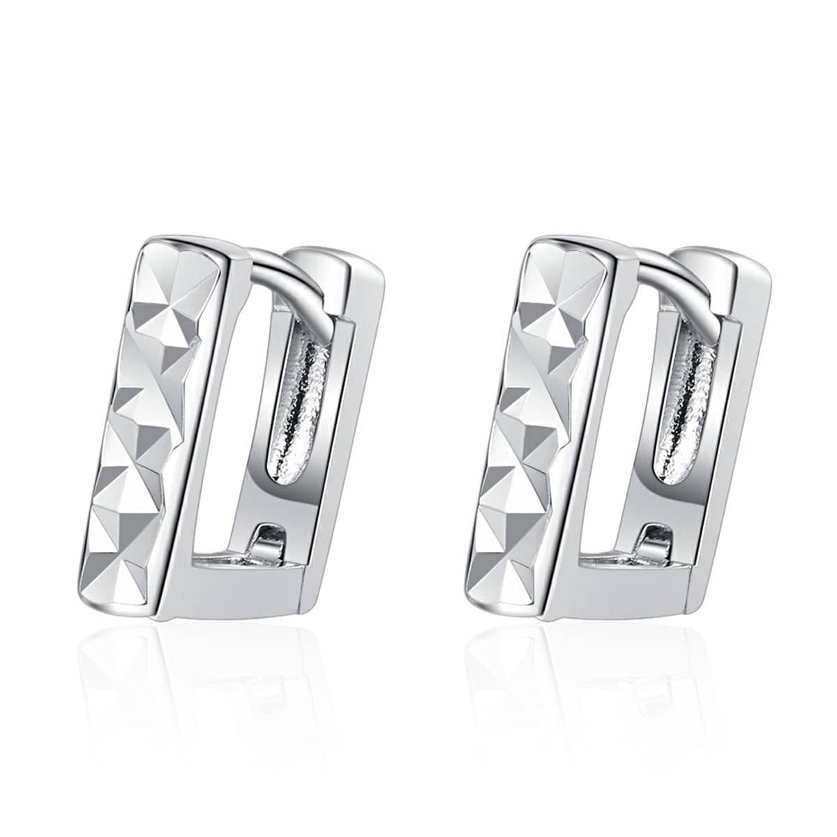 Silvertone Diamond-Cut Open Square Huggie Earrings
