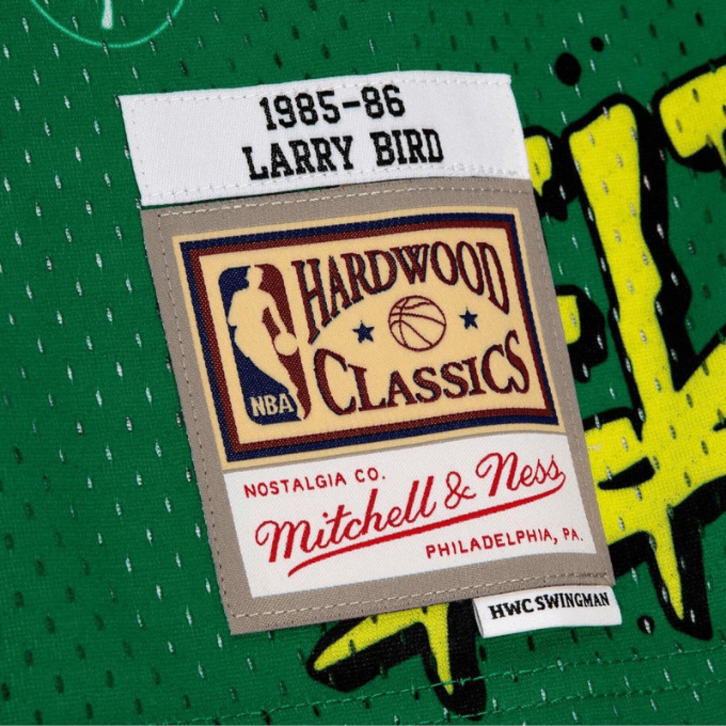 Men's Mitchell & Ness Slap Sticker Swingman Jersey Celtics 1985 Larry Bird