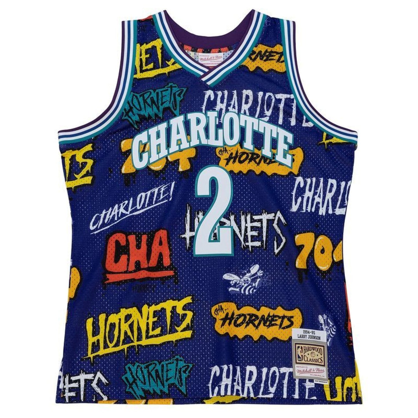 Men's Mitchell & Ness Slap Sticker Swingman Jersey Hornets 1994 Larry Johnson