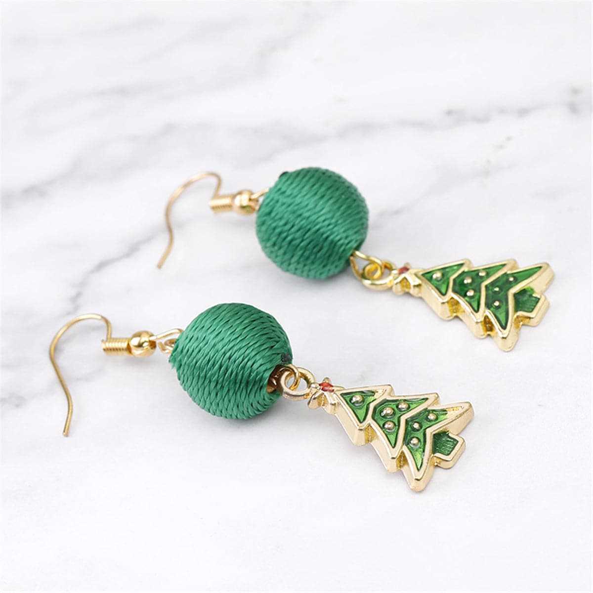 Green Polyster & Enamel Goldtone Christmas Tree & String Ball Drop Earrings