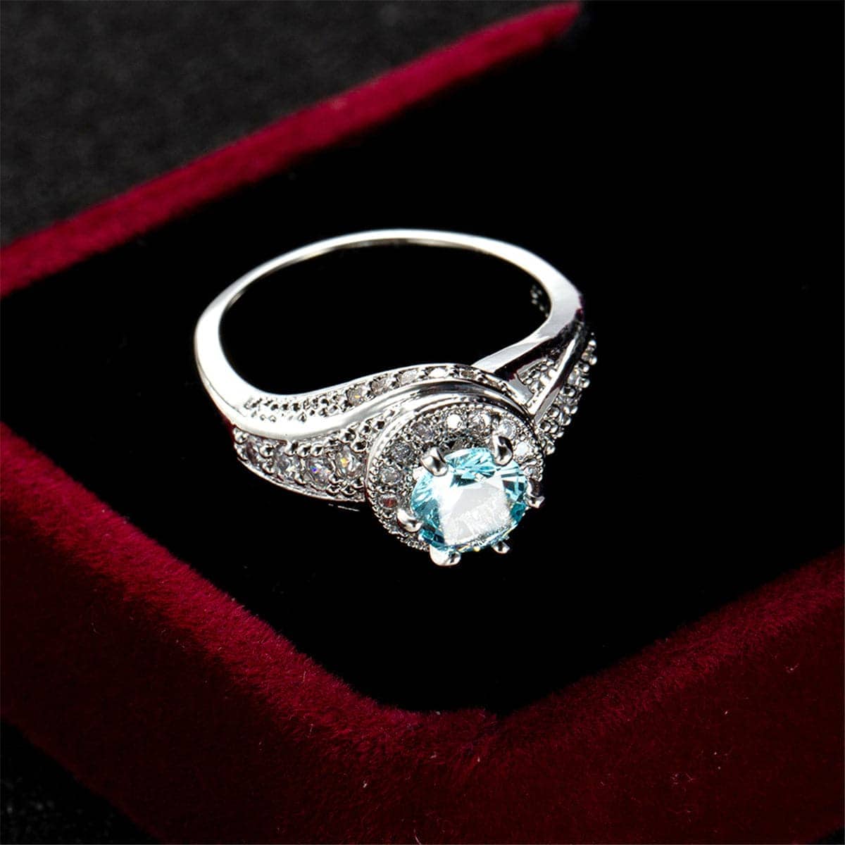 Sea Blue Cubic Zirconia & Silvertone Round Ring