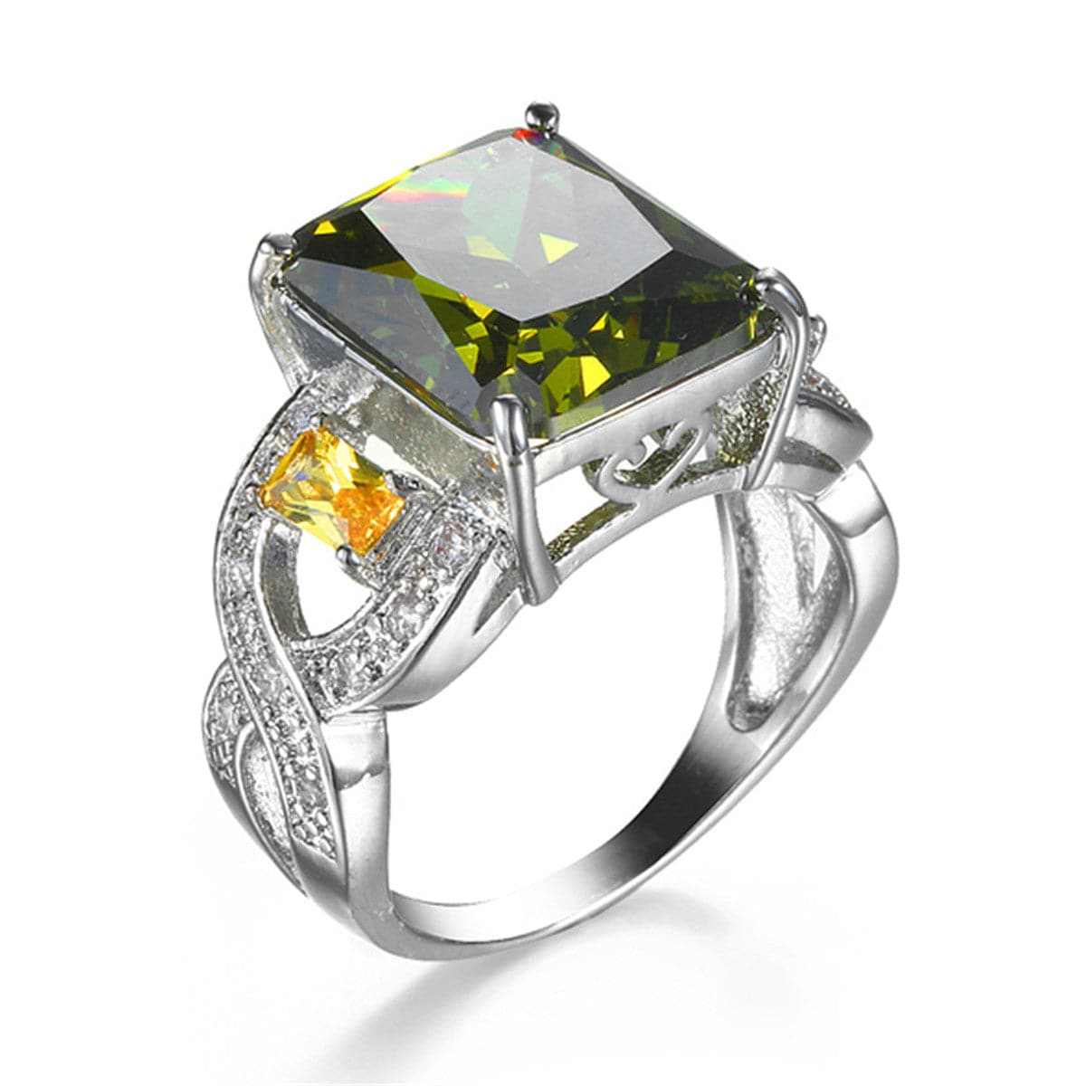 Olive Green & Yellow Crystal Filigree Ring