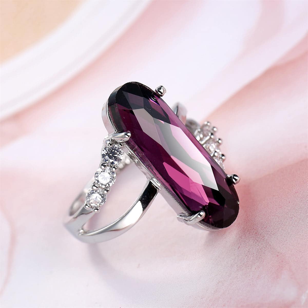 Cubic Zirconia & Purple Crystal Long Oval Ring-5