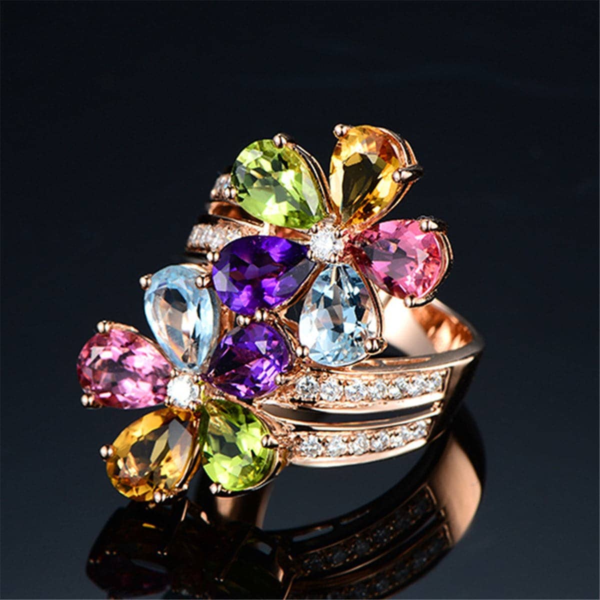 Rainbow Crystal & Rose Goldtone Flower Band Ring