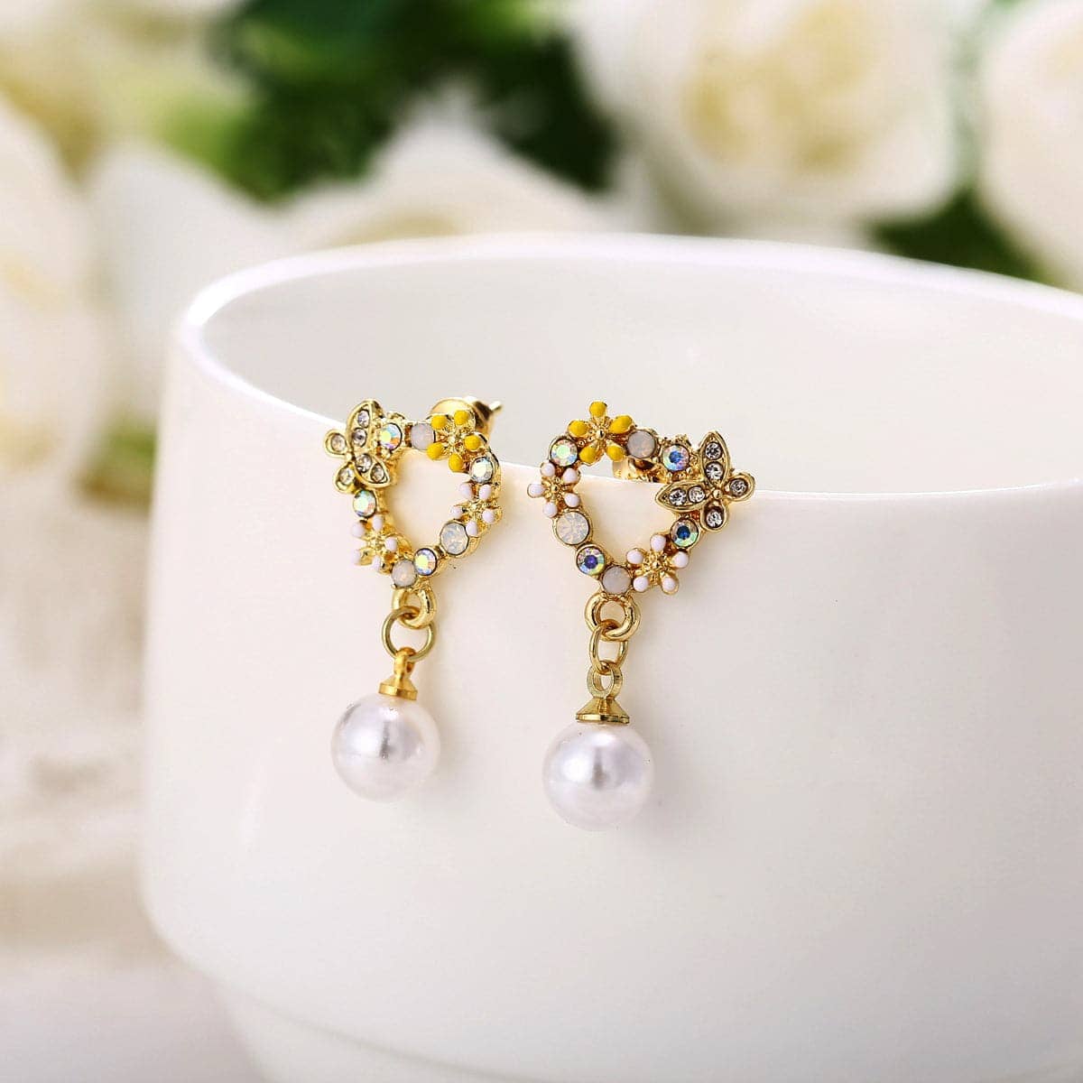 Pearl & Cubic Zirconia Enamel Goldtone Butterfly Drop Earrings