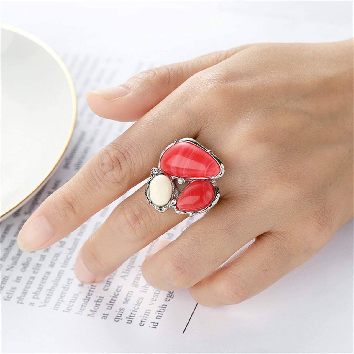 Red & Cream Cats Eye Abstract Ring-4
