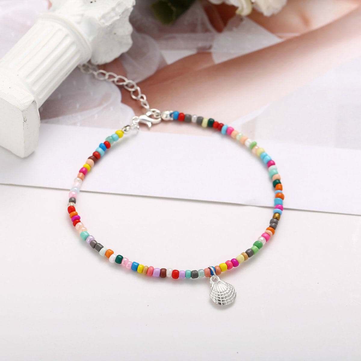 Red & Silvertone Shell Charm Anklet