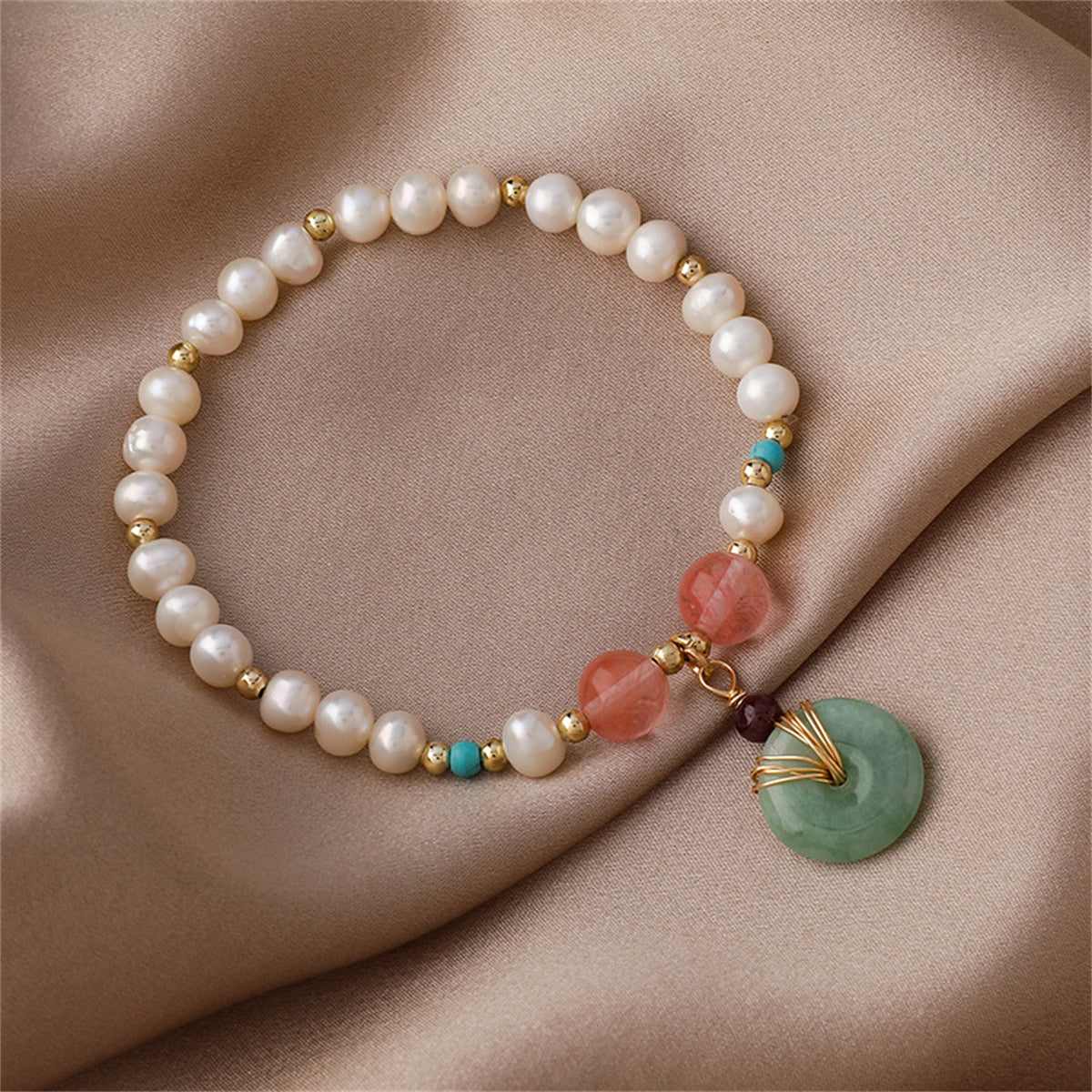 Jade & Pearl Goldtone Bead Charm Stretch Bracelet