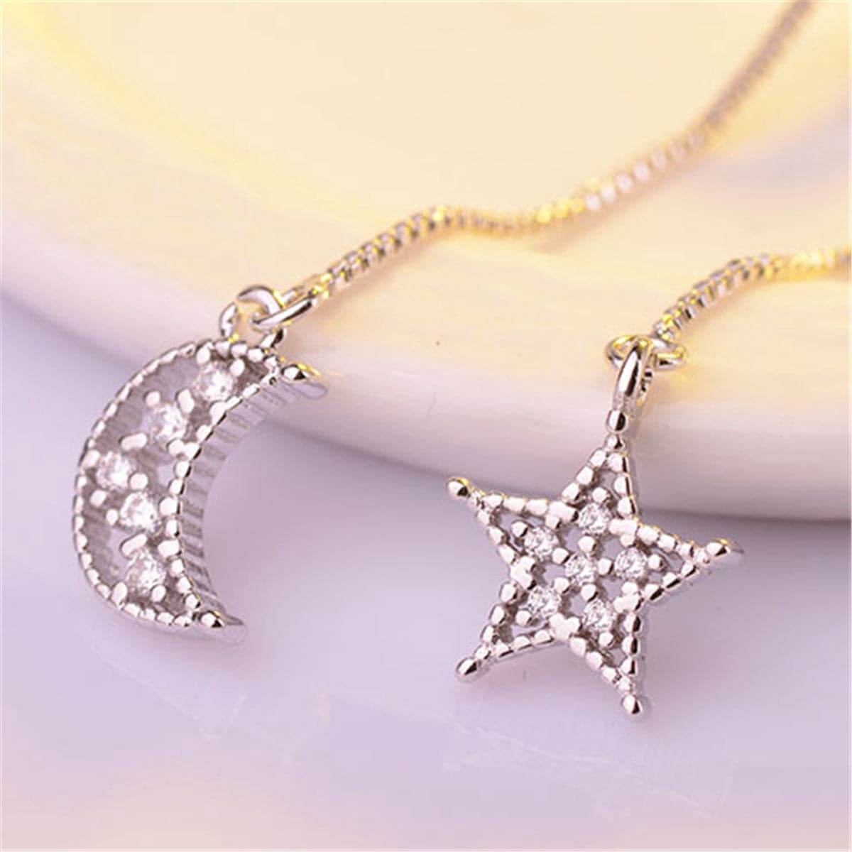 Cubic Zirconia & Silvertone Asymmetry Moon & Star Drop Earrings
