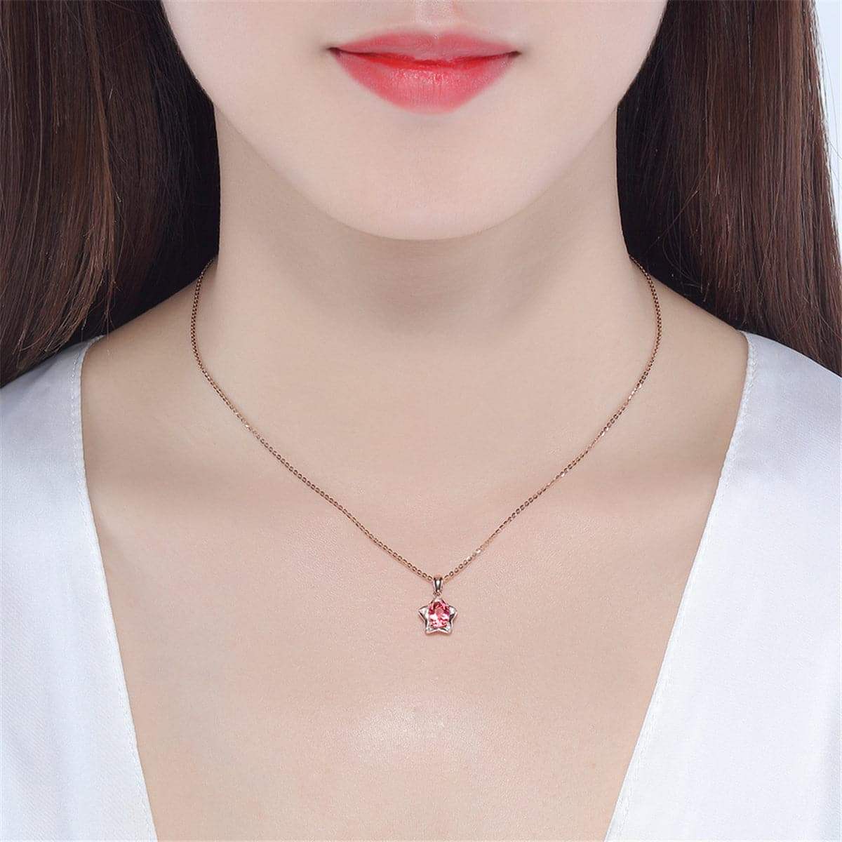 Pink Crystal & Cubic Zirconia Star Pendant Necklace