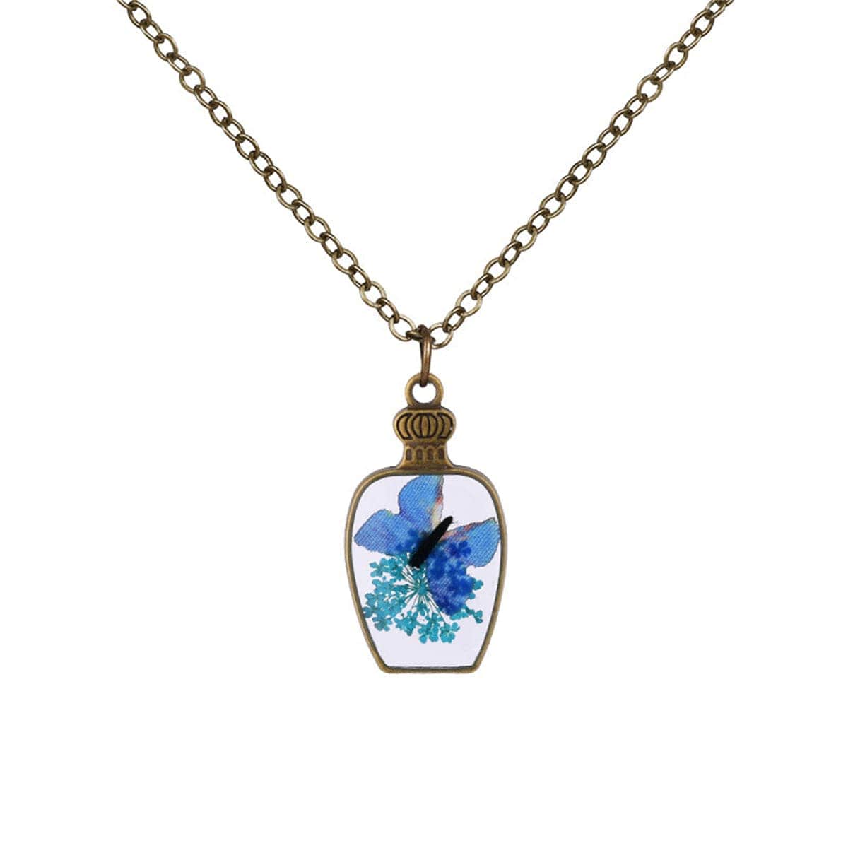Blue & Goldtone Pressed Gypsophila & Butterfly Vase Pendant Necklace