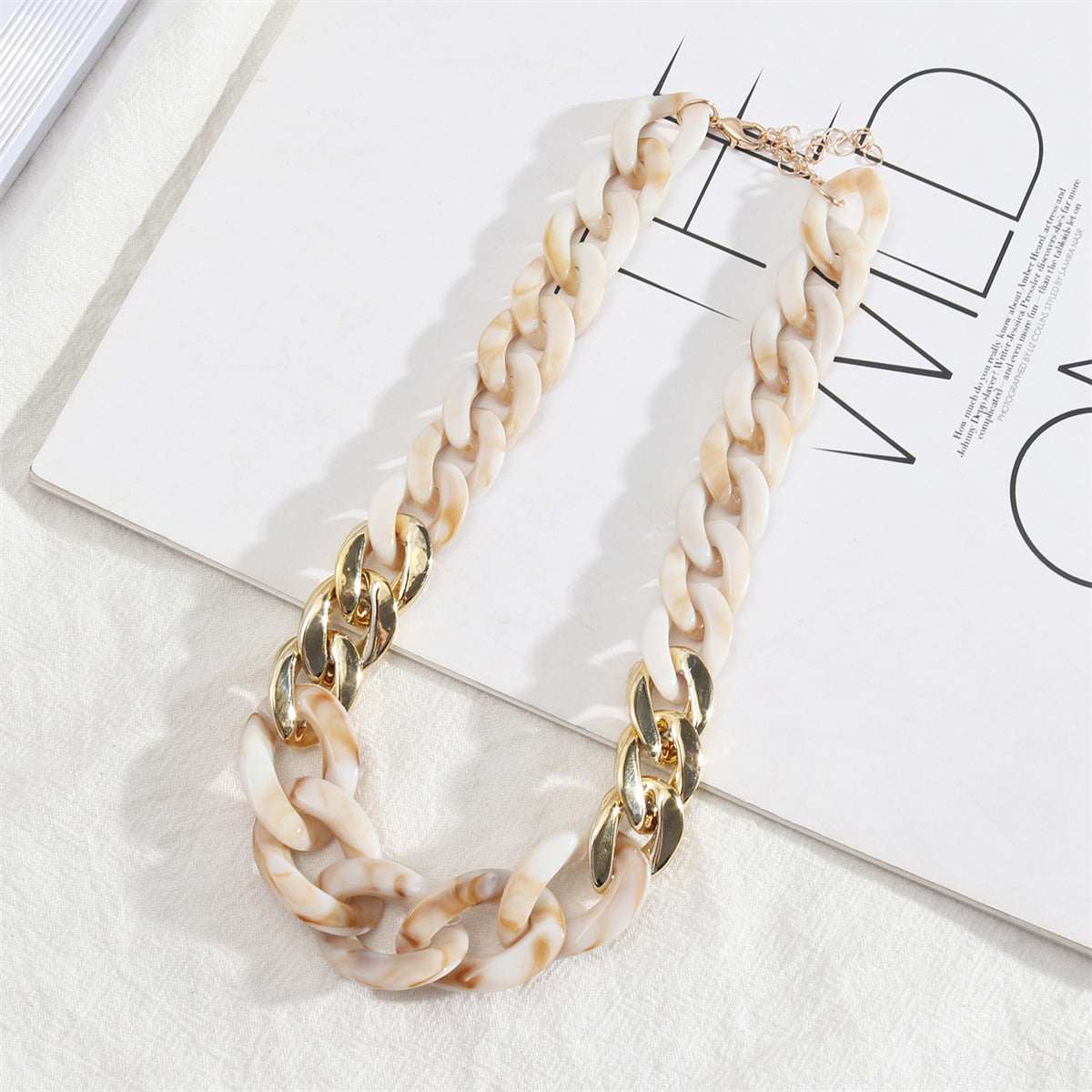 Cream Resin & Goldtone Patchwork Curb Chain Necklace