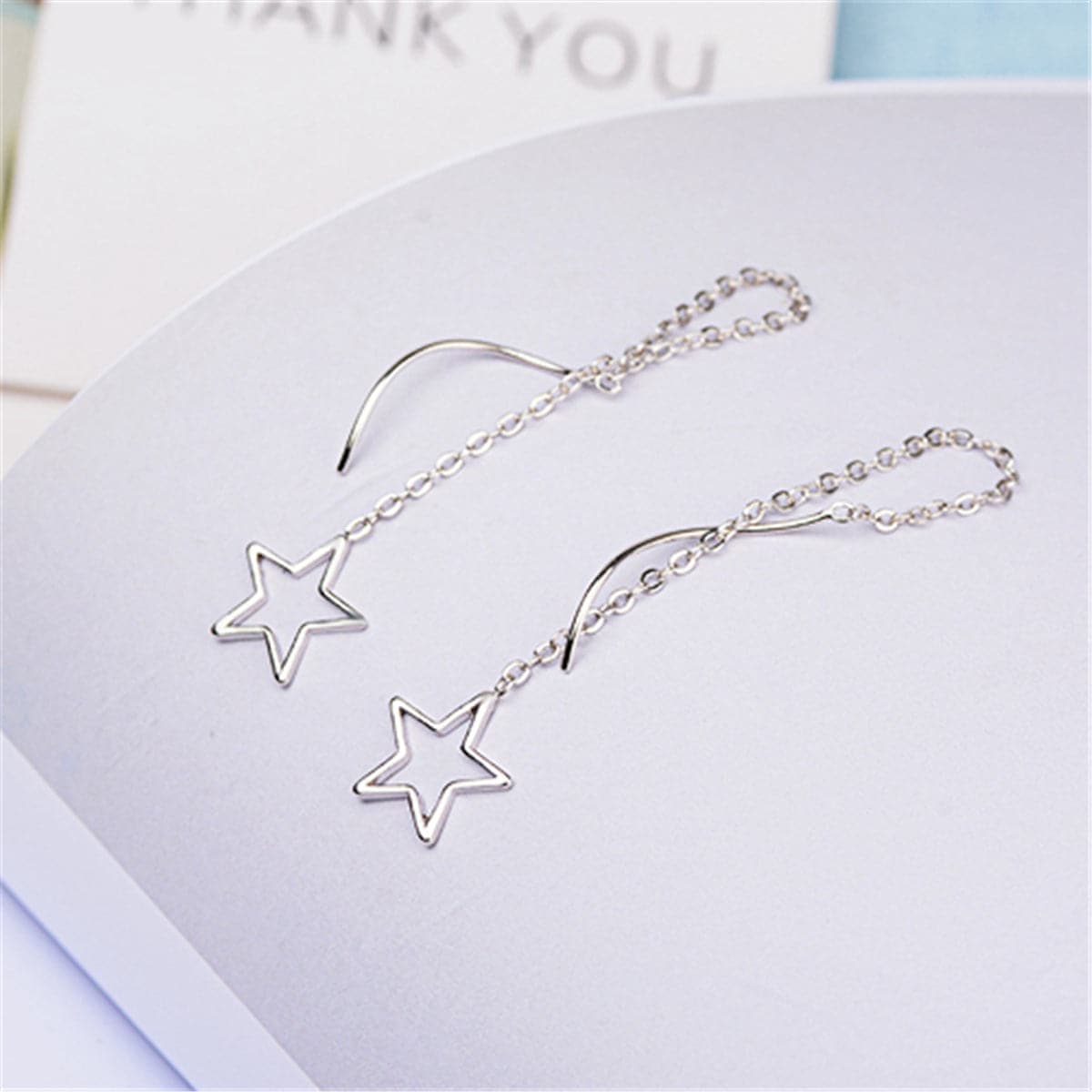 Silvertone Hollow Star Threader Earrings