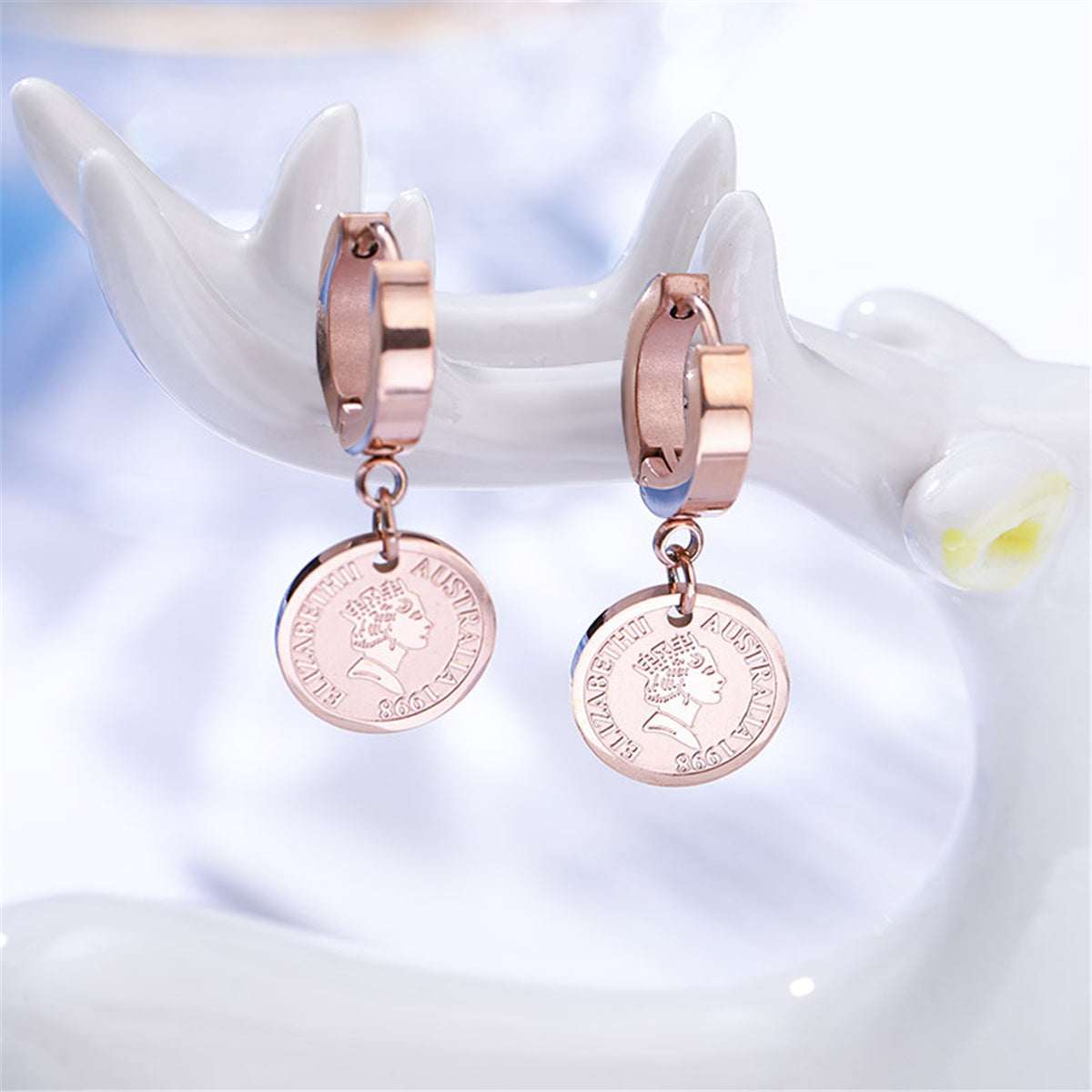 Rose Goldtone Queen Coin Hoop Earring
