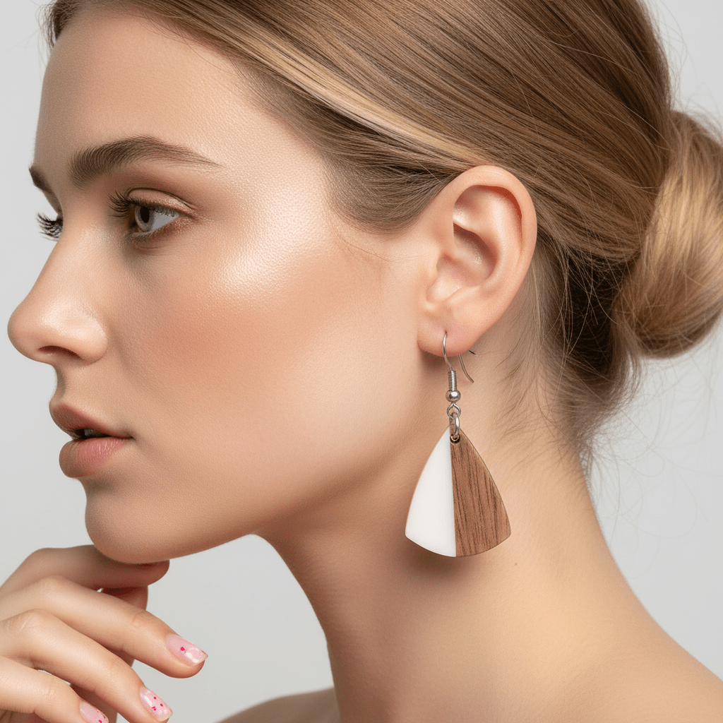 White Resin & Wood Silvertone Shield Hook Earrings