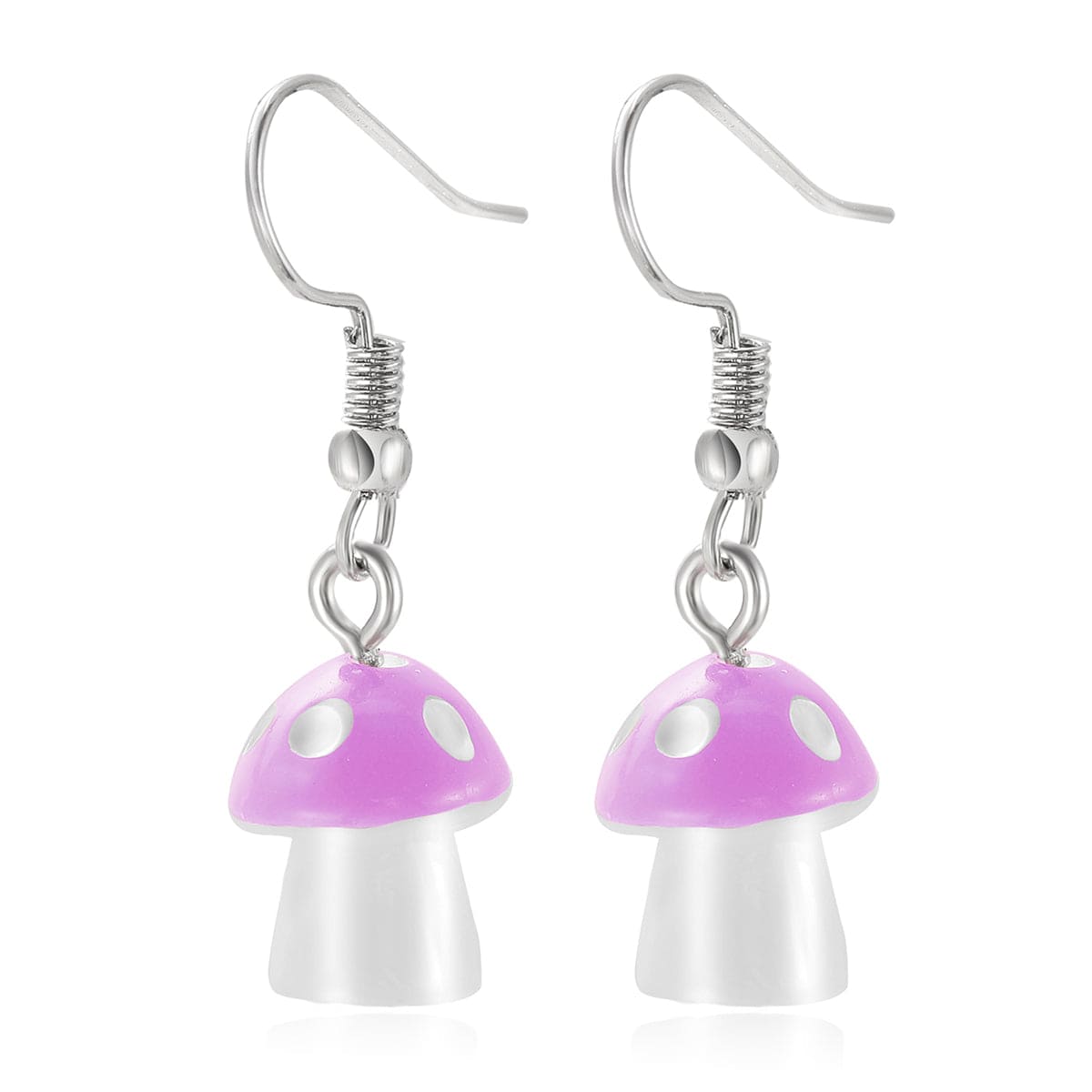 Purple Resin & Silvertone Dot Mushroom Drop Earrings