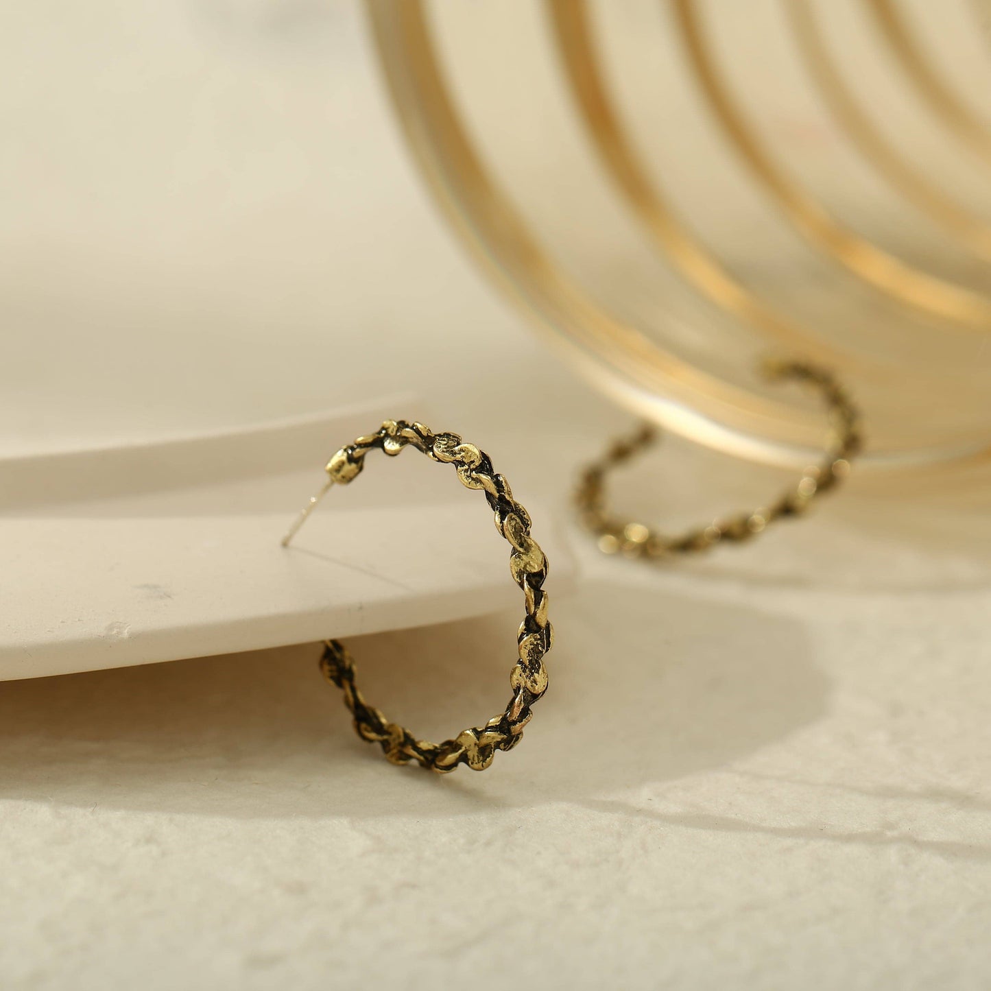 Goldtone Abstract Textured Open Hoop Earrings