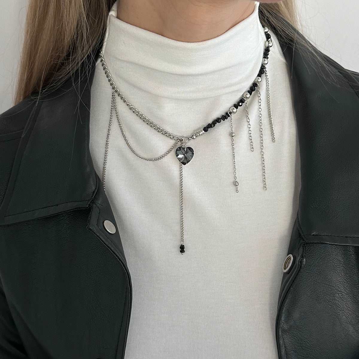 Black Acrylic & Crystal Silvertone Heart Pendant Tassel Necklace