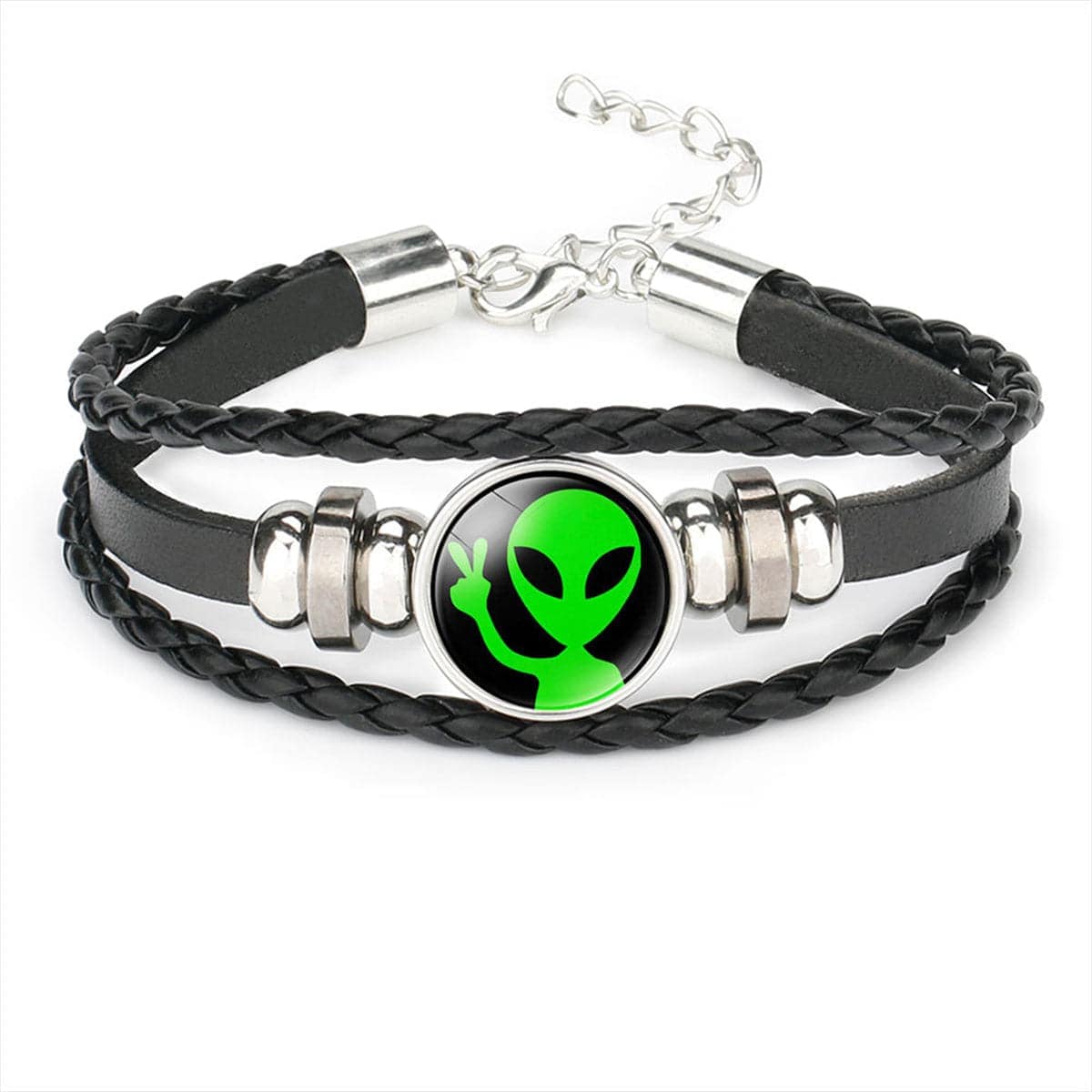 Black Polystyrene & Silvertone Green Alien Braided Layered Bracelet