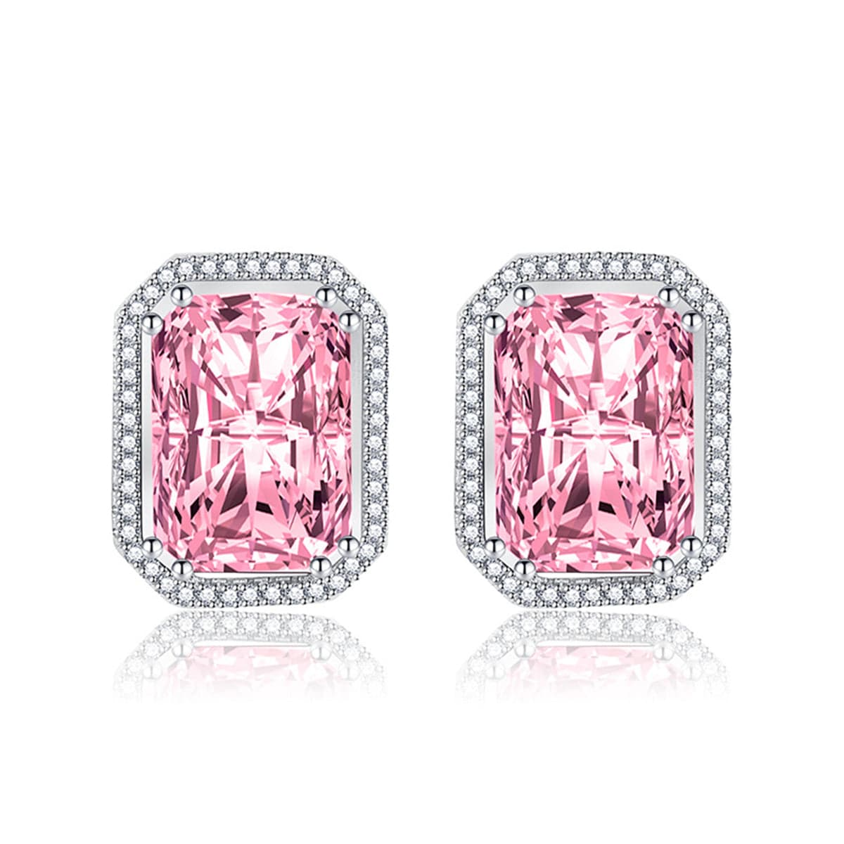 Pink Radiant Crystal & Cubic Zirconia Silvertone Halo Stud Earrings
