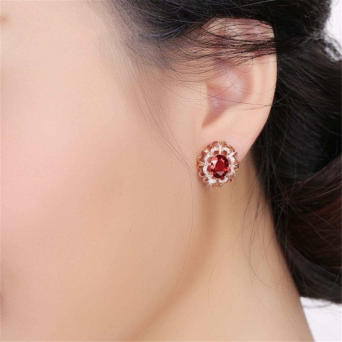 Red Crystal & Cubic Zirconia Rose Goldtone Floral Stud Earrings