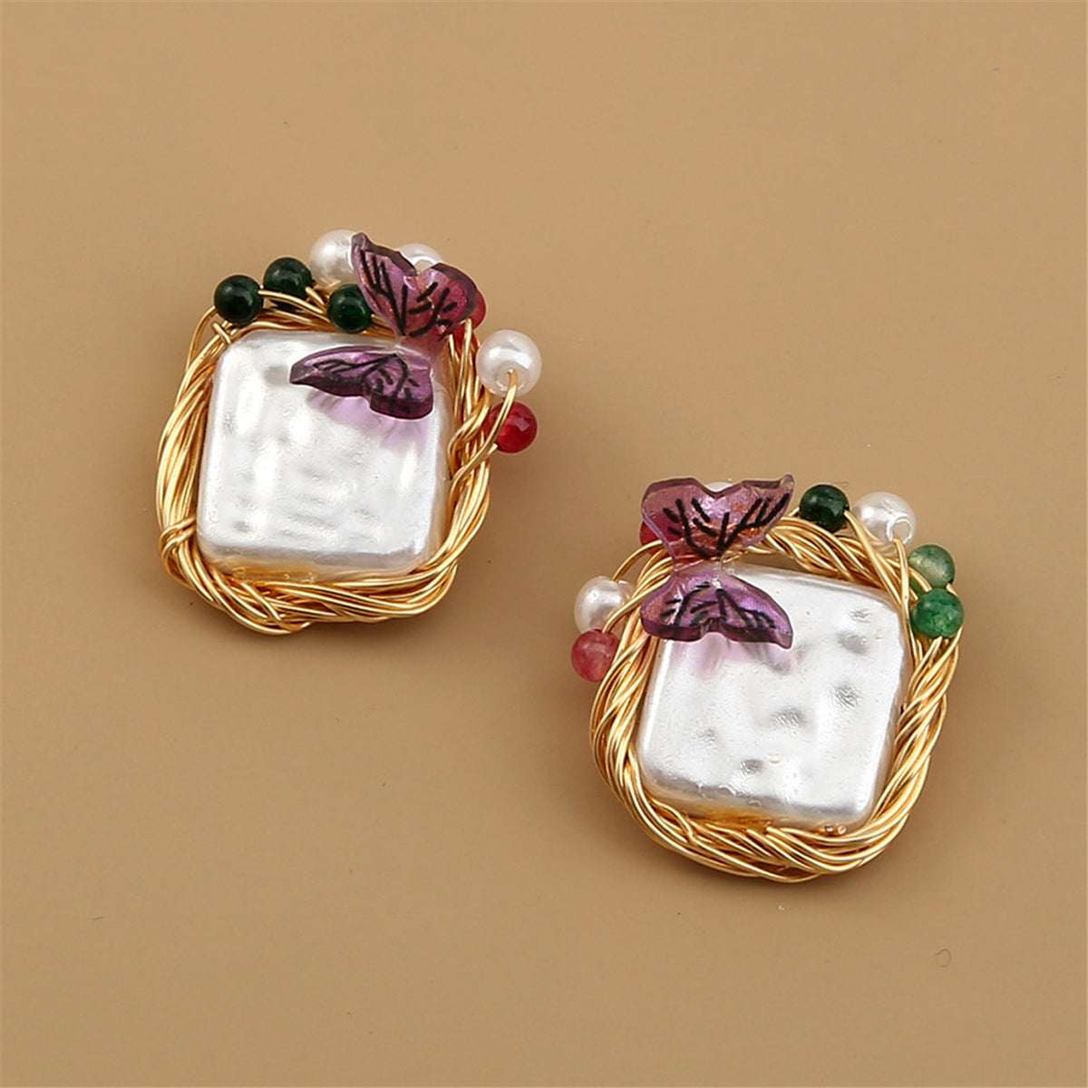 Pearl & Purple Butterfly Square Stud Earrings