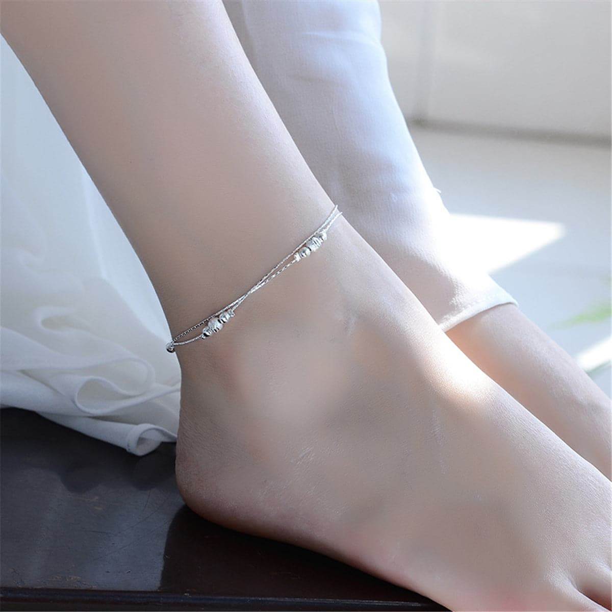 Silvertone Triple Bead Station Anklet